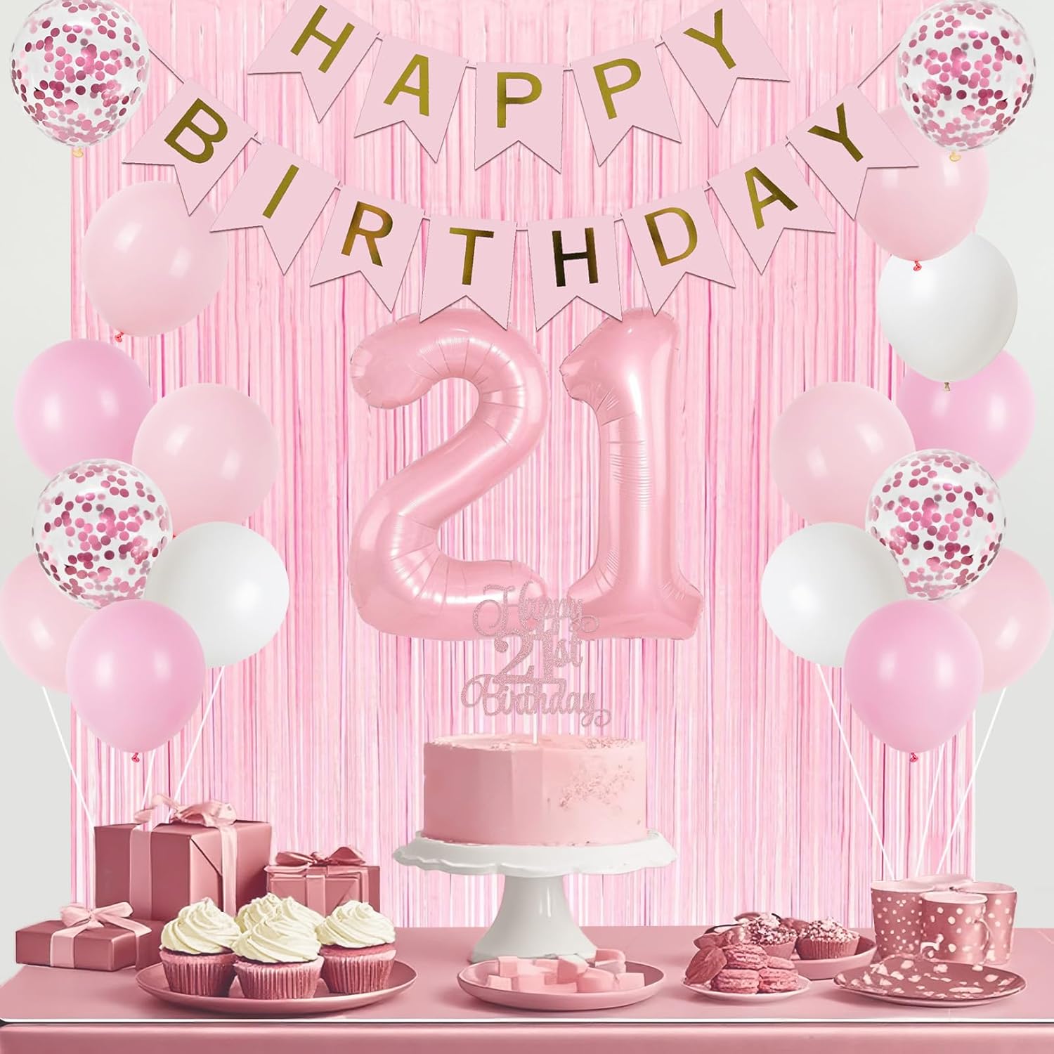 Trgowaul 21st Birthday Decorations for her, Pastel Light Pink and White Happy 21st Birthday Supplies for Girls, 21 Sash and Crown, Banner, Fringe Curtains, Cake Topper, 21 Year Old Party Supplies Set
