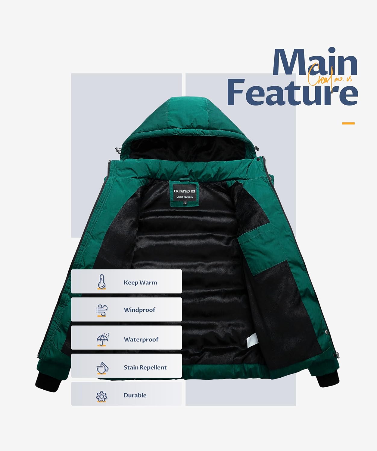 CREATMO US Women's Warm Winter Coat Waterproof Ski Jacket Padded Puffy Overcoat With Detachable Hood - Image 3