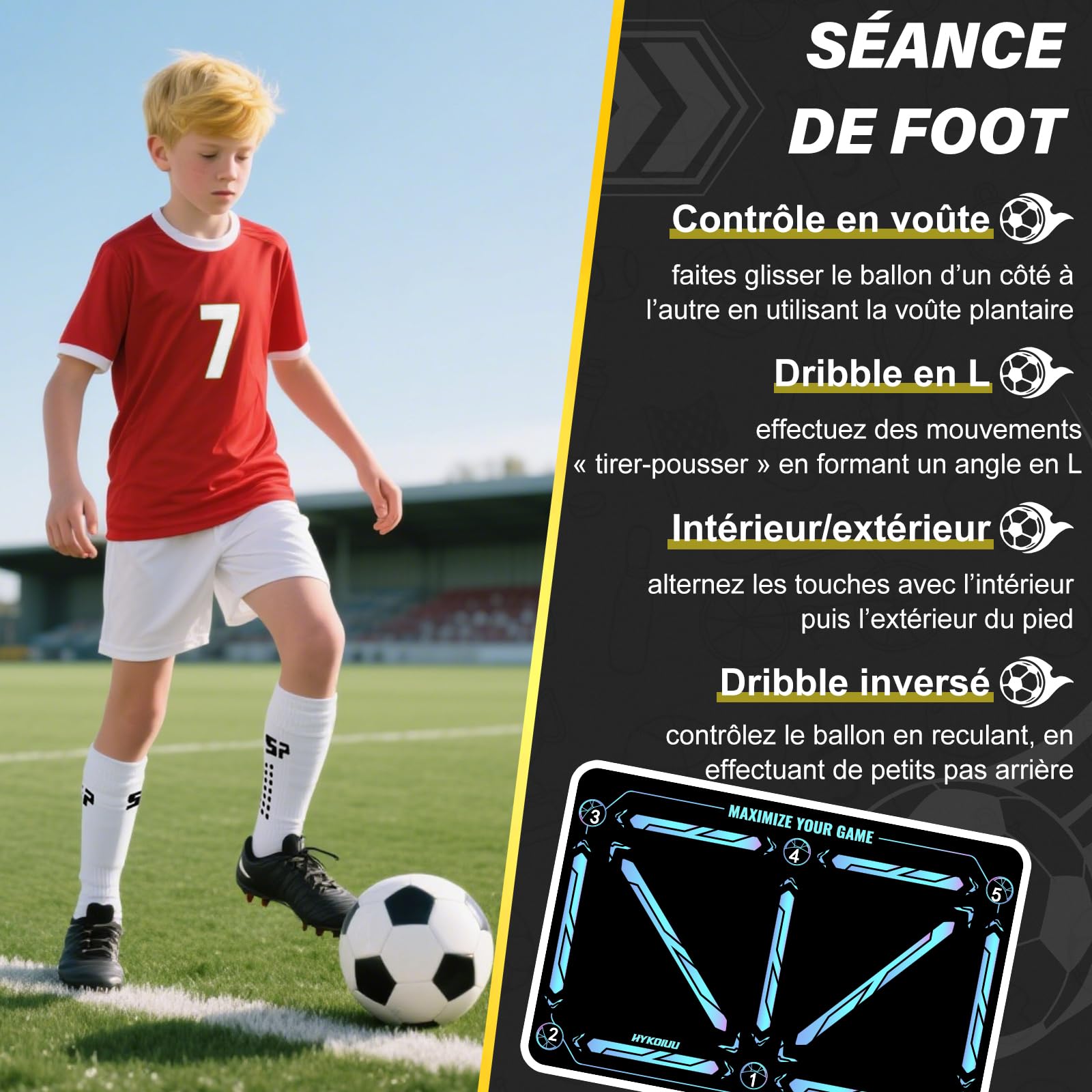 Tapis Foot Entrainement Avec Chaussettes Foot Antidérapantes Vidéos de Formation 90x60cm Tapis Entrainement Foot Accessoire Tapis D’Entraînement Pour Cadeau Football Enfant
