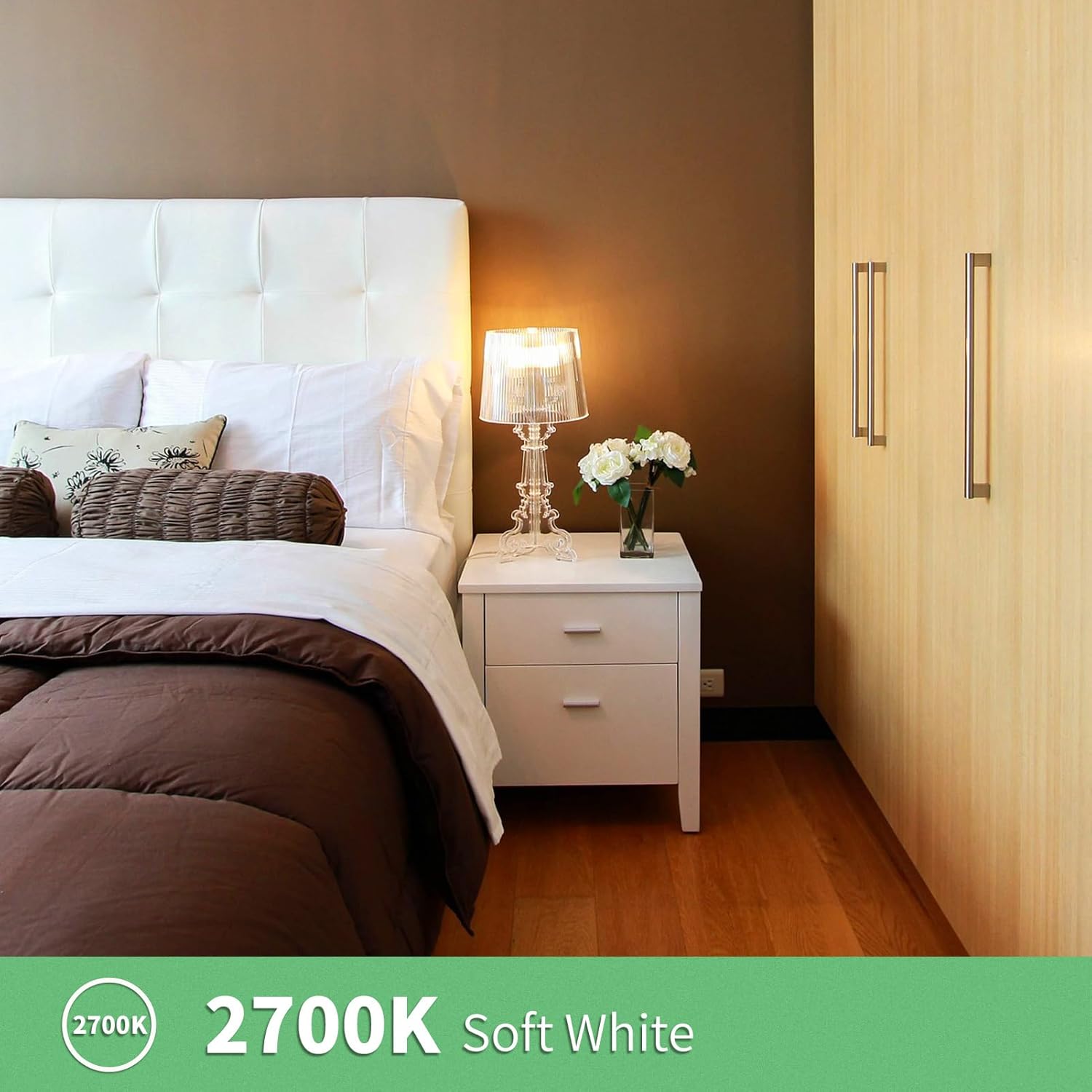 Bedroom illuminated with 2700K soft white light from PIBAOGU LED bulbs