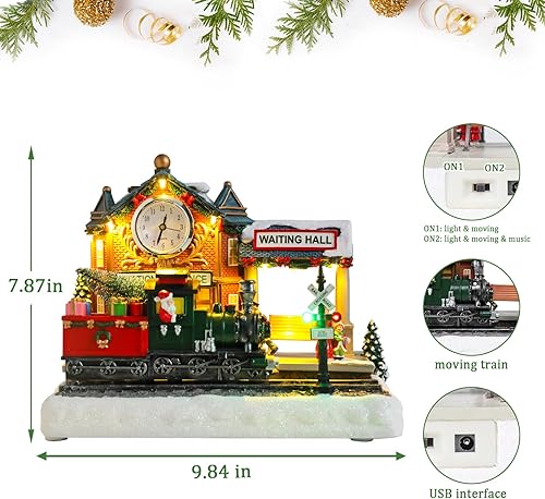 Miniatura 2 de WONDER GARDEN Casas de pueblo de Navidad, casas de Navidad, estación de tren musical iluminada, edificios coleccionables con tren en movimiento para