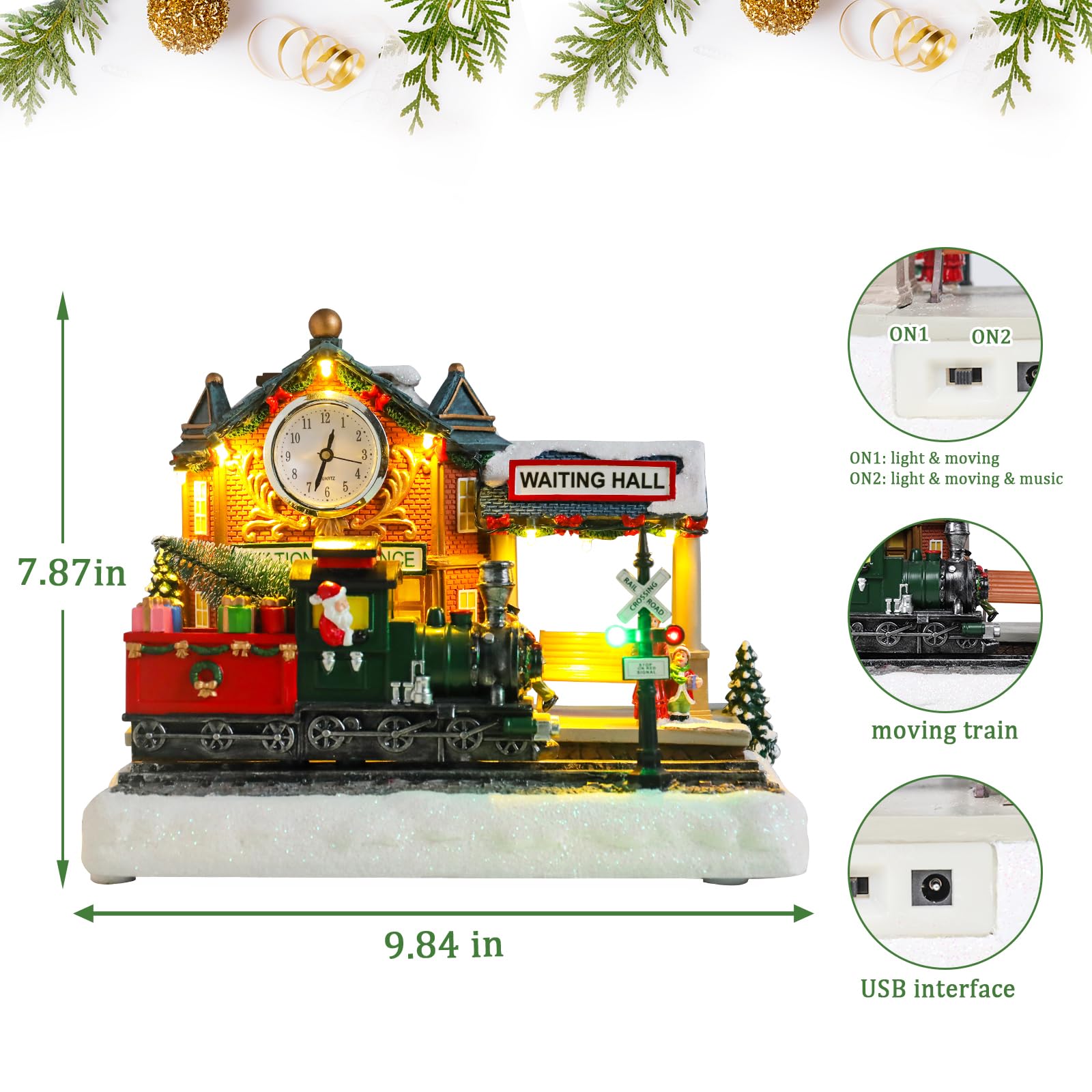 WONDER GARDEN Weihnachtshäuser, Weihnachtsdorfhaus, Dorf, beleuchtete Musik-Bahnhofs-Sammelgebäude mit beweglichem Zug, für Zuhause, Innendekoration oder Geschenk