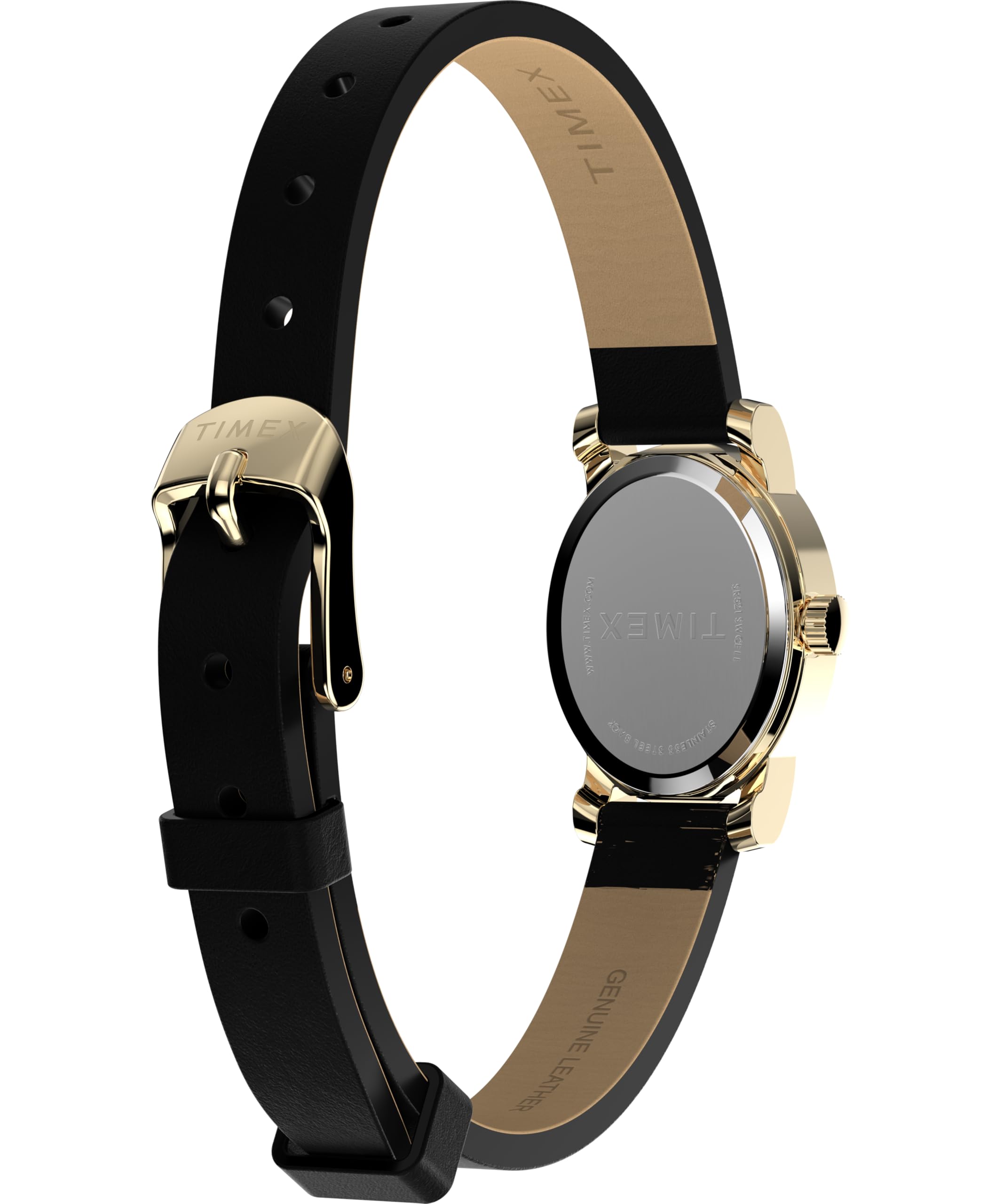 Timex Main Street Damen-Armbanduhr,18 mm, schwarzes Lederarmband, Perlmutt-Zifferblatt, goldfarbenes Gehäuse TW2W82600