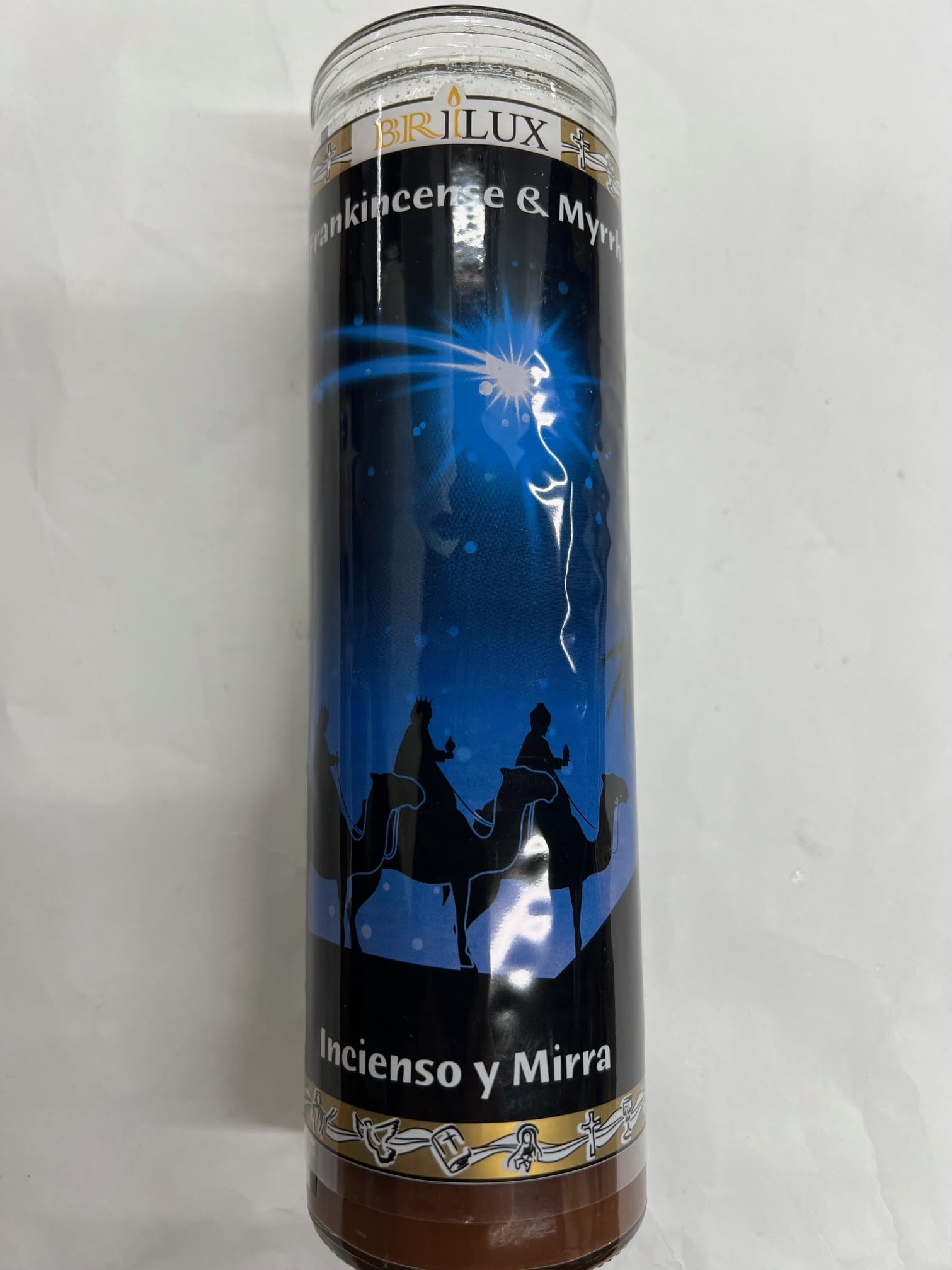 Frankincense & Myrrh (Incienso y Mirra) Scented Brown Pillar Candle in Glass