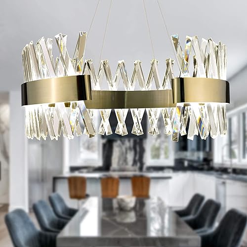 Miniatura 1 de IKK Candelabros dorados para comedores, lámpara de cristal dorado pulido de 24 pulgadas, moderna lámpara redonda con lámpara de acero inoxidable