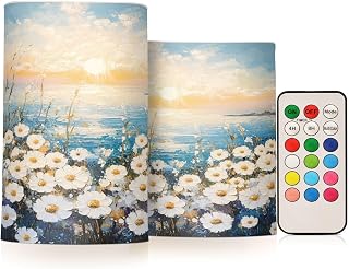 SPRIPORT Ocean Sunset Flowers Painting Flameless Candles for Outdoor Indoor Color Changing LED Candles with Remote Timer Fake Candles for Home Decoration Gifts Christmas Halloween Wedding