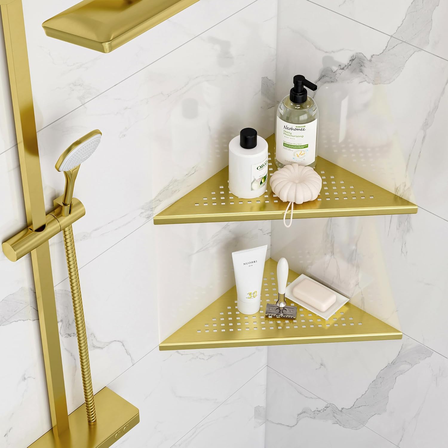 Neodrain 10 Inch Golden Bathroom Corner Shelf Set of 2, Floating Corner Shelves for Wall, 304 Stainless Steel Wall Storage Shelves for Bathroom,No Drilling