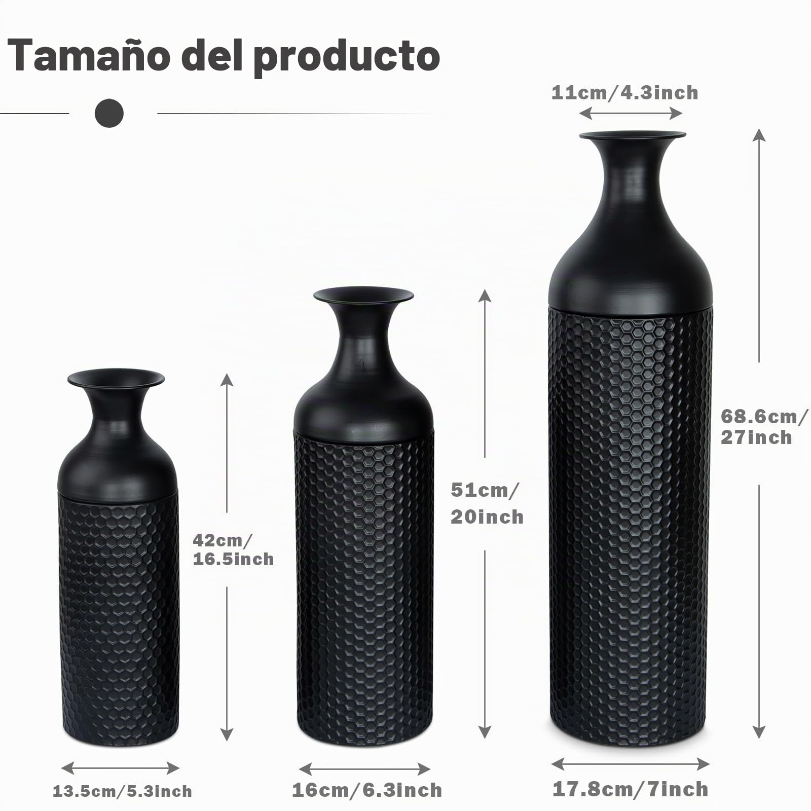 Jarrones negros grandes, 69/51/42 cm, 3 jarrones de flores de metal con textura de panal moderno para salón, rincón de casa, pasillo, decoración (con superficie lisa)