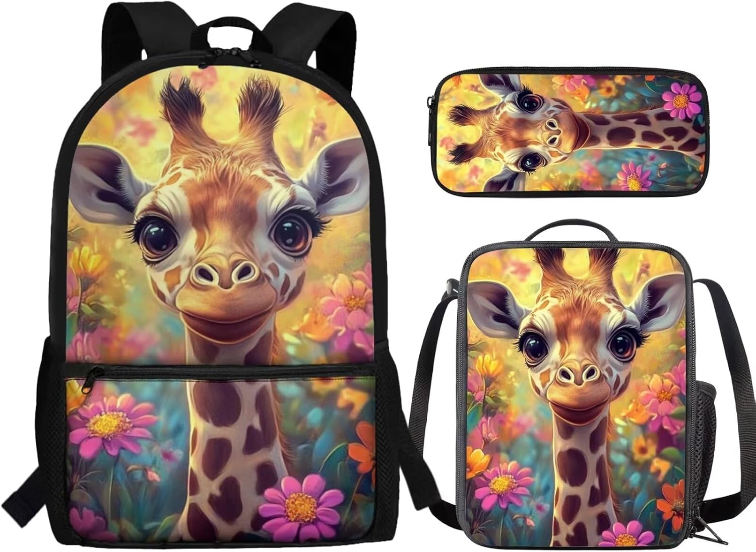 Cute Giraffe Print 3 Pcs Kids Backpack Sets Lightweight School Backpack Set with Lunch Box and Pencil Box for Teens Students Girls 17 Inch Bookbag Casual Daypack