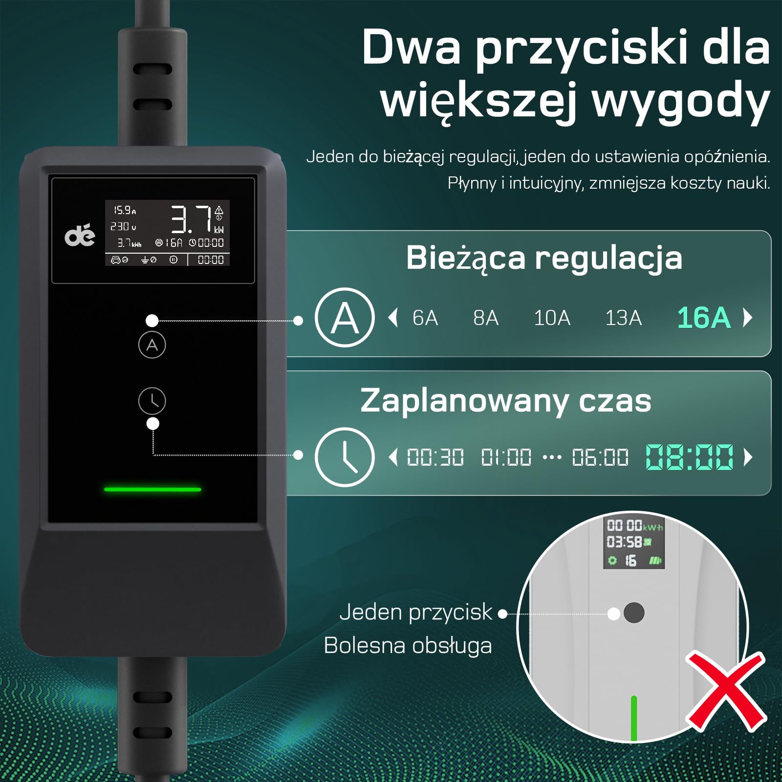 dé Ładowarka Samochodowa EV Typu 2 Schuko 3,7 kW [7m, 6-16A] z Uchwytami na Kabel i Wyświetlaczem LCD - Kompatybilna z Model 3/Y, ID.3/4/5, MG4, Q4