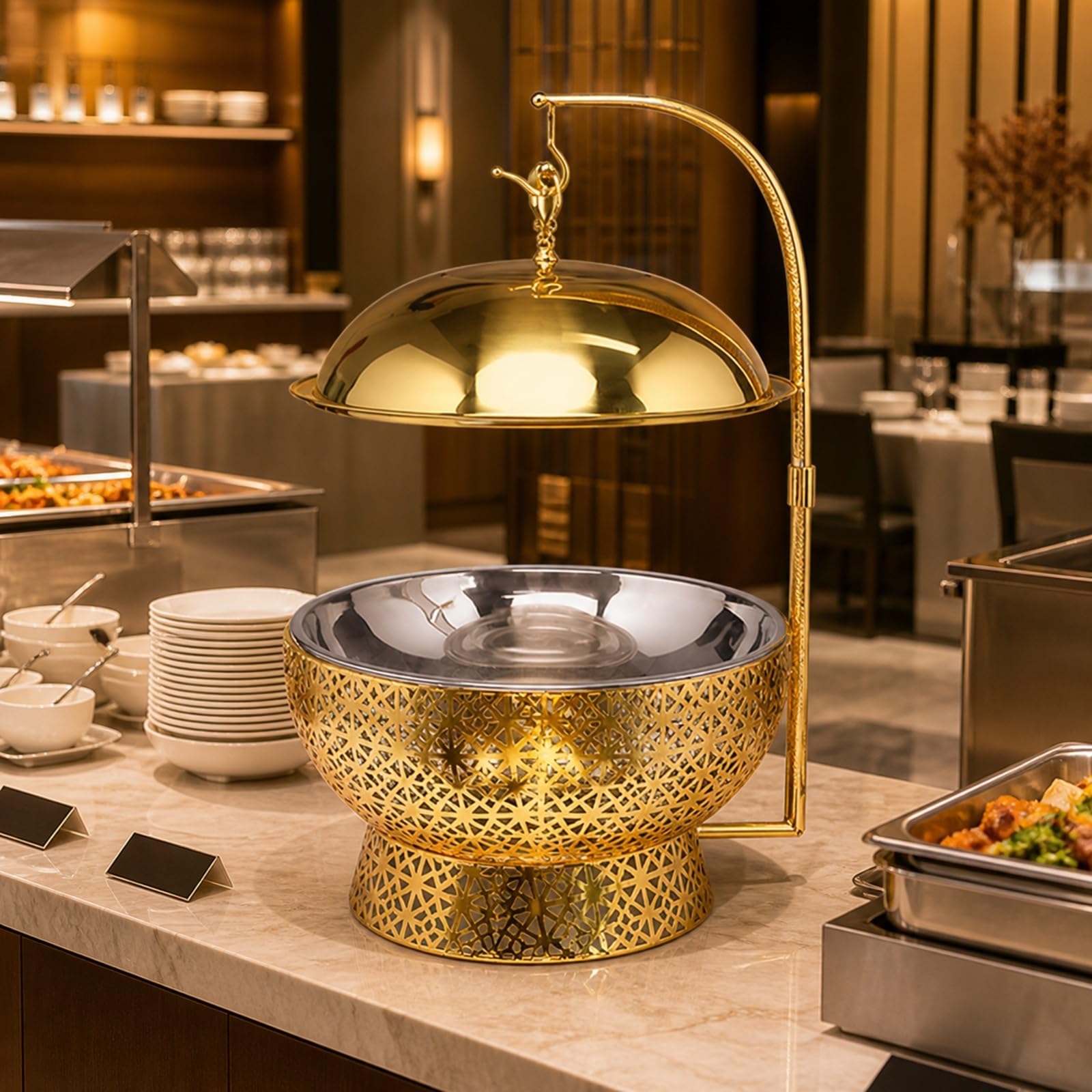 Amagogo Scaldavivande in Acciaio Inox da 8 L Elegante Scaldavivande con Base Decorativa e Telaio di Supporto Durevole Dish per Riunioni Familiari, Oro