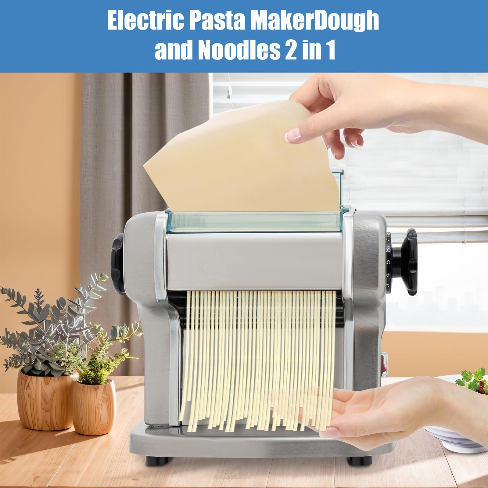 Máquina eléctrica Comercial para Hacer Pasta, Rodillo de Masa automático de Acero Inoxidable para Fideos, laminadora de Masa de Fideos de Grosor Ajustable con Cuchilla Doble para p