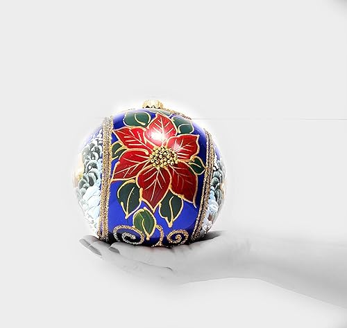 Miniatura 5 de Polish Gallery Adorno de Navidad día de invierno con flor de Pascua roja bola de vidrio soplado azul marino 5906in