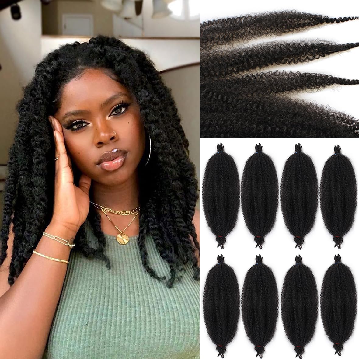 Leeven 16 Inch Springy Twist Hair for Afro Marley Locs 8 Packs Afro Kinky Curly Marley Braiding Hair Extensions Pre Separated Popping Spring Twist Crochet Hair for Distressed Locs /4#
