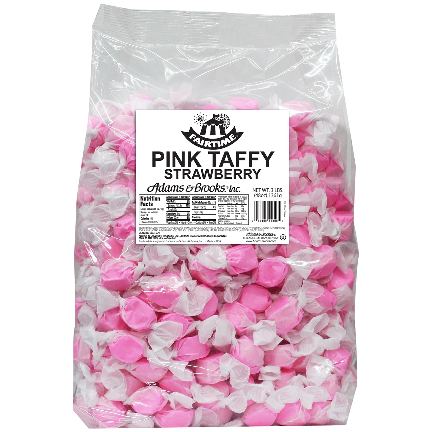 Adams & Brooks Fairtime Taffy – Bulk Pink Candy for Candy Buffets, Strawberry Taffy, Strawberry Candy – 3 Pounds of Candy
