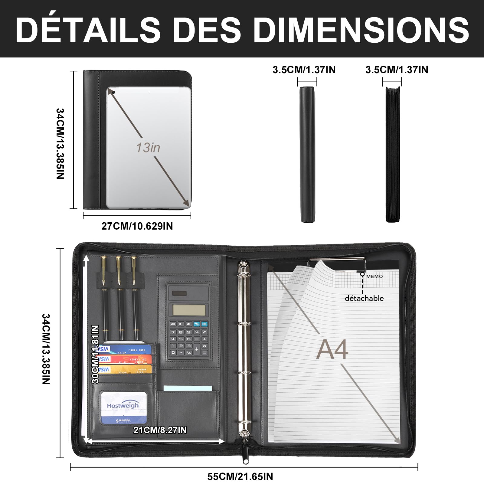 Leathario Portfolio A4 Porte-documents, Organiseur de Conférence, Carnet d'écriture - Dossier de présentation professionnel Noir Profond