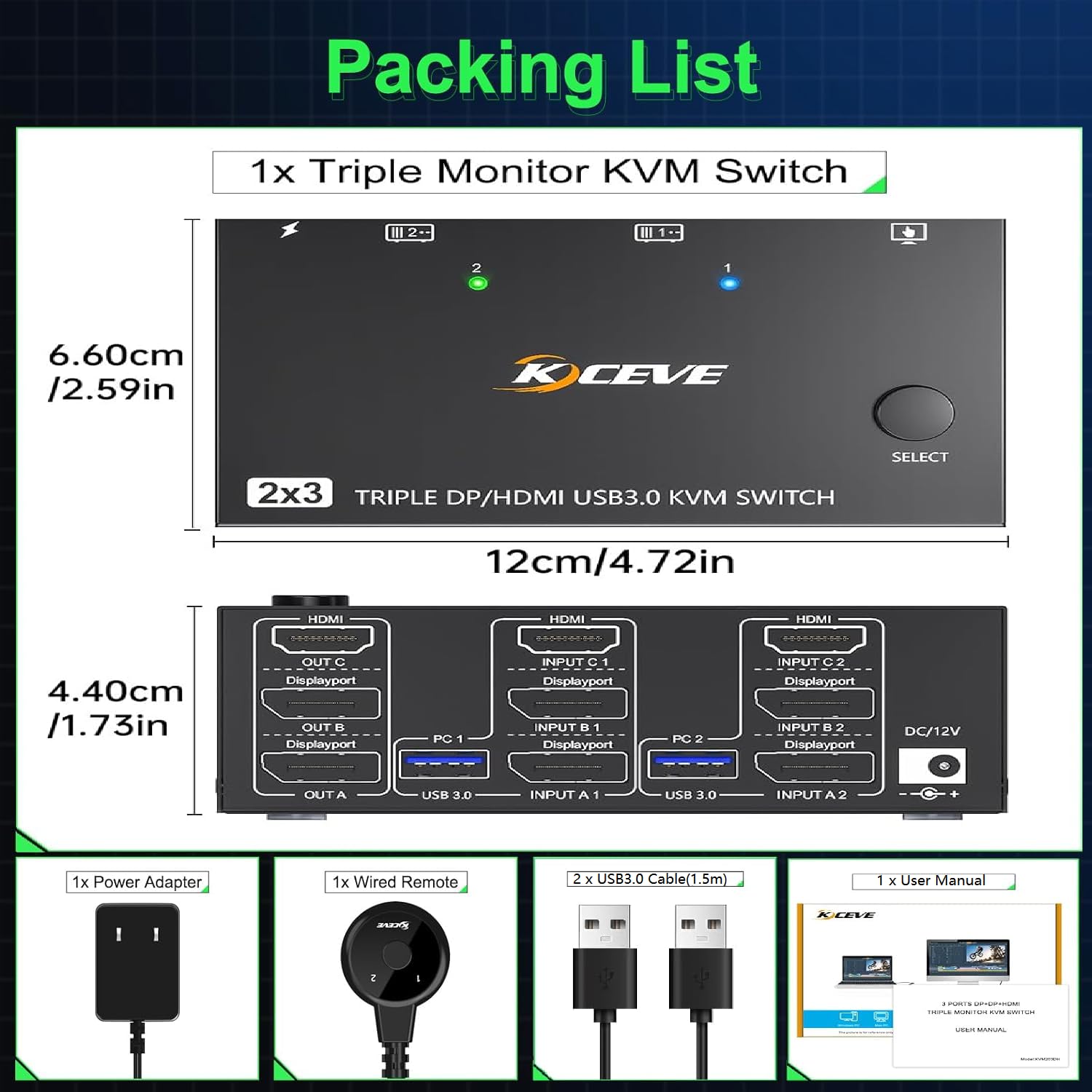KVM Switch 2 PC 3 Monitores HDMI+2 Displayport 8K@60Hz 4K@144Hz,MLEEDA Conmutador KVM para 2 Ordenadores Compartir 3 Monitores y 4 dispositivos USB3.0, con fuente de alimentación 12V y 5 cables