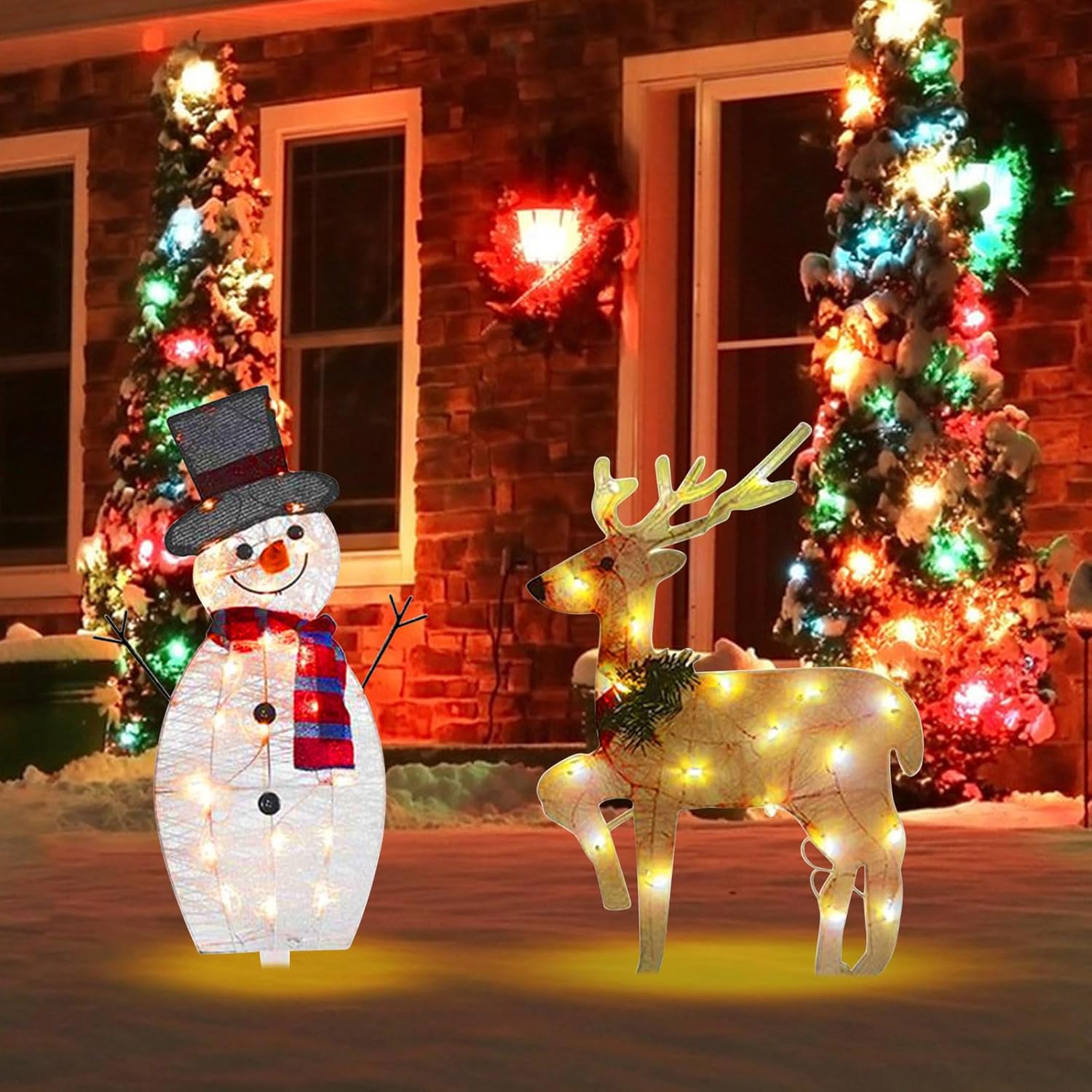 Christmas Decorations Outdoor, Lighted Deer and Snowman Set