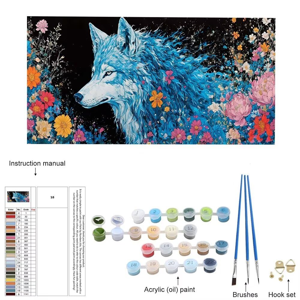 Malen Nach Zahlen Erwachsene xxl, Paint by Numbers Malen Nach Zahlen Wolf Blume, DIY Geschenk Art mit Pinseln und Acrylfarben Handgemalt Ölgemälde Leinwand für Home Décor, Ohne Rahmen 80x160cm W-973