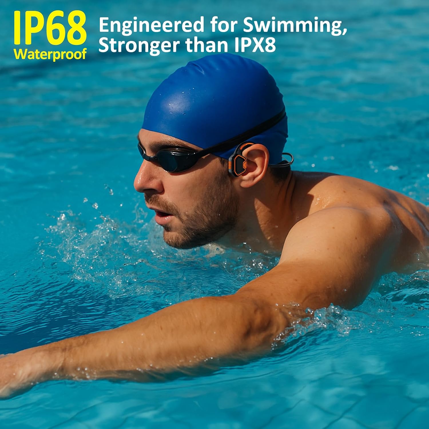 Bone Conduction Swimming Headphones – IP68 Waterproof Open-Ear Bluetooth 5.3 with 32GB MP3 Player, Underwater Swim Headset for Pool Training, Orange - Image 3