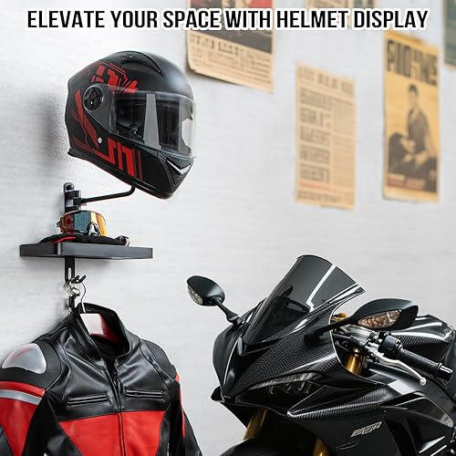 Miniatura 2 de PUERSI Soporte de pared para casco con estructura, rotación de 180, estante de almacenamiento para casco de motocicleta, bicicleta, carreras, ropa