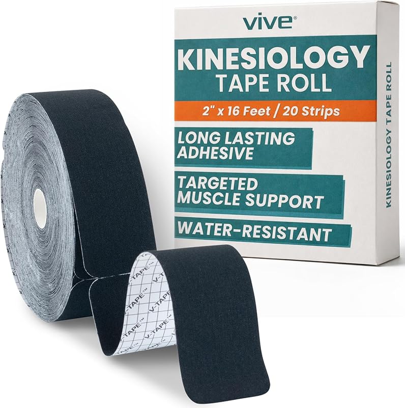 Cinta de kinesiología Vive, tiras precortadas (rollo de 16 pies, 20 tiras) - Cinta K Pro T | Cinta deportiva atlética para aliviar el dolor de rodillas, hombros, tobillos y músculos - Kinetic Kinesio KTape Wrap impermeable