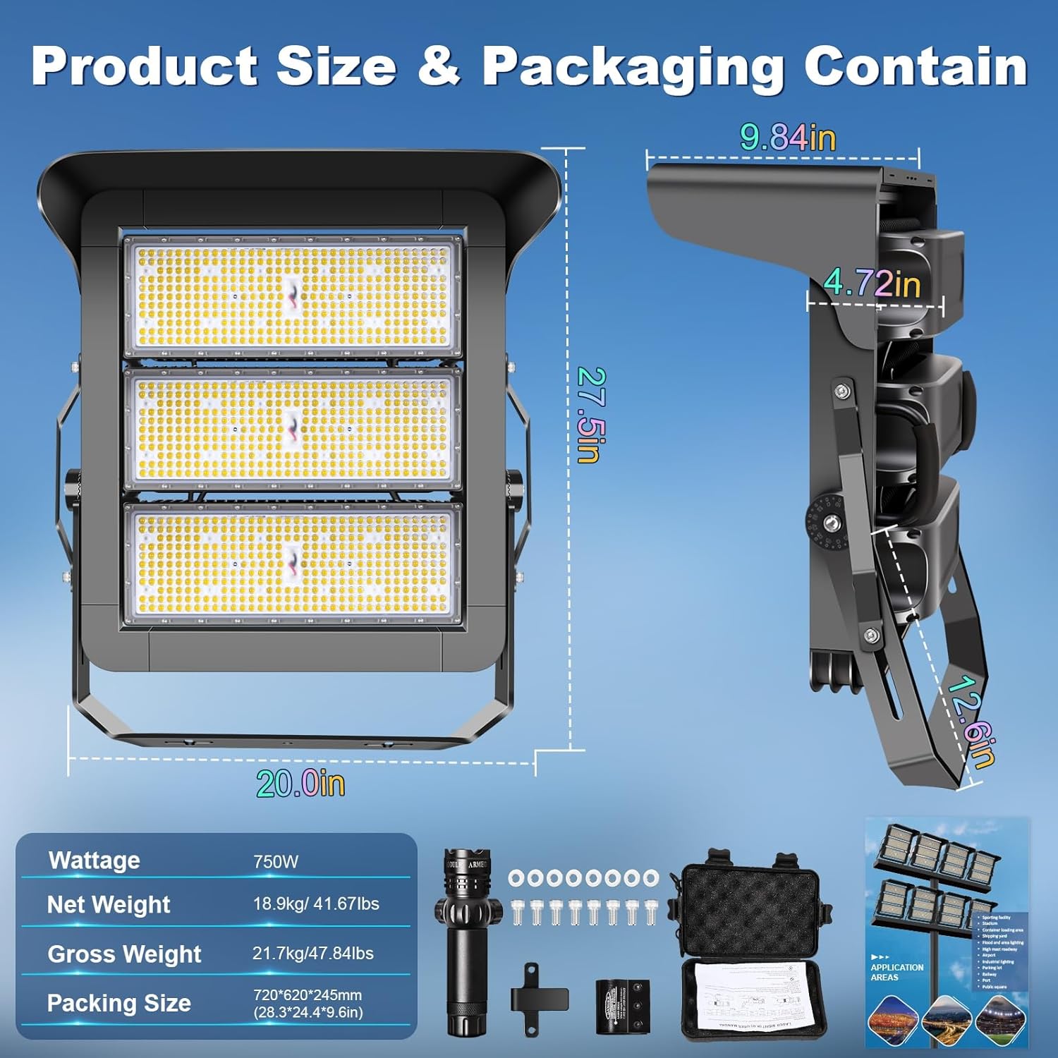 112500LM Led Stadium Light Dimmable 0-750w Super Bright Led Arena Flood Lights Outdoor 100-277v 5000k Yoke U Mount IP66 Waterproof Outside Wall Light Commercial for Square, Golf Court, Port