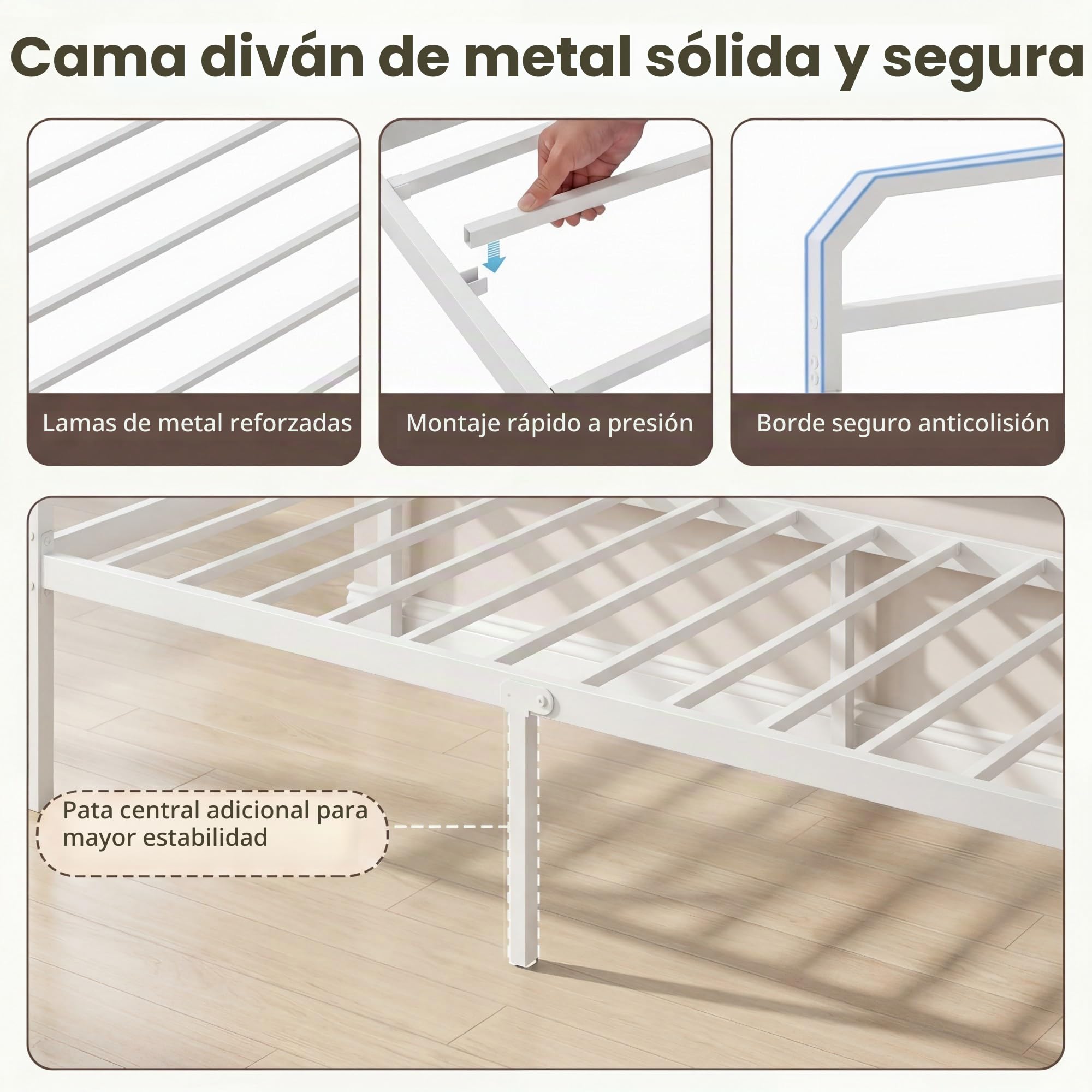 KOMFOTTEU Estructura de Sofá Cama Extensible de 2 Plazas 90 x 200 cm, Cama Nido de Metal con Luces LED, Estación de Carga, Listones Resistentes, para Salón, Dormitorio, Apartamento (Blanco)