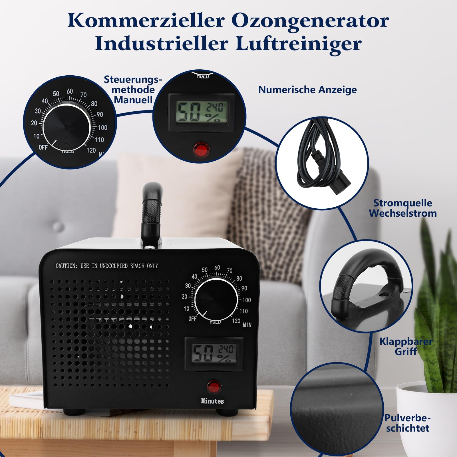 40000mg/h Ozongenerator, O3 Industrielle Ozongerät mit 120 Min Timer für Autos, Wohnungen, Rauch, Haustiergerüche und Beseitigung von Küchengerüchen(Schwarz)