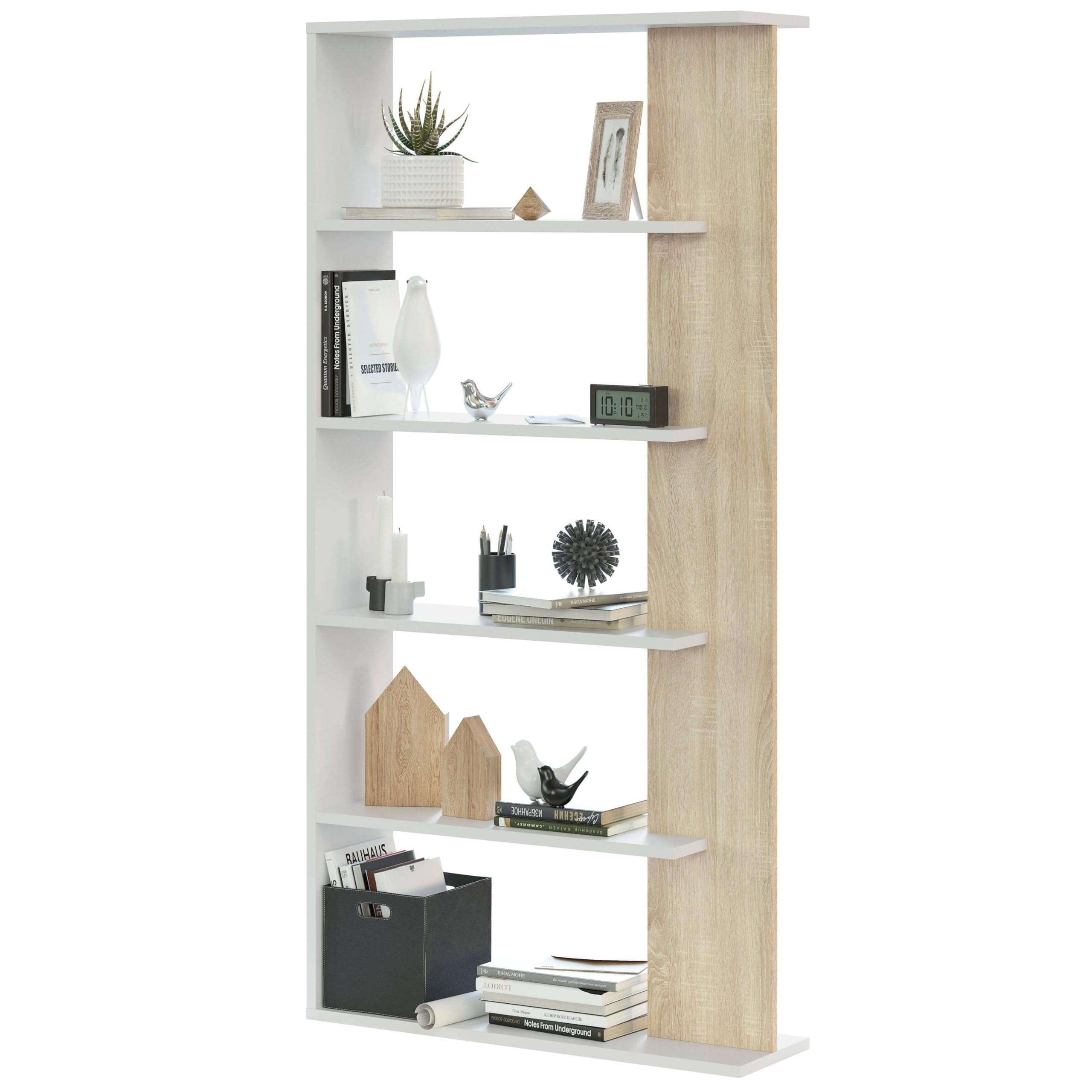 Habitdesign Artik-Weiß Und Kanadische Eiche Bücherregal – Modernes Regal Mit 5 Offenen Regalböden In Artik Weiß Und Kanadischer Eiche, Ideal Für Wohnzimmer, Esszimmer Oder Büro, Maße: 90 X 180 X 25 Cm (B X H X T), Modell Alida