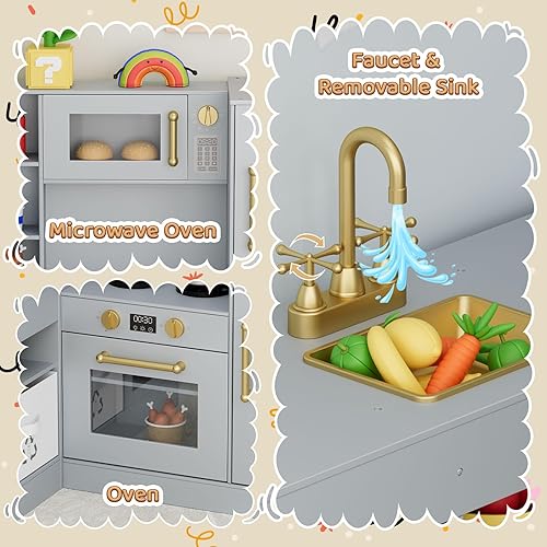 Miniatura 3 de MAMIZO Cocina de juego de esquina para niños, cocina de juguete de simulación de madera, juego de cocina grande con refrigerador, estufa con luz y