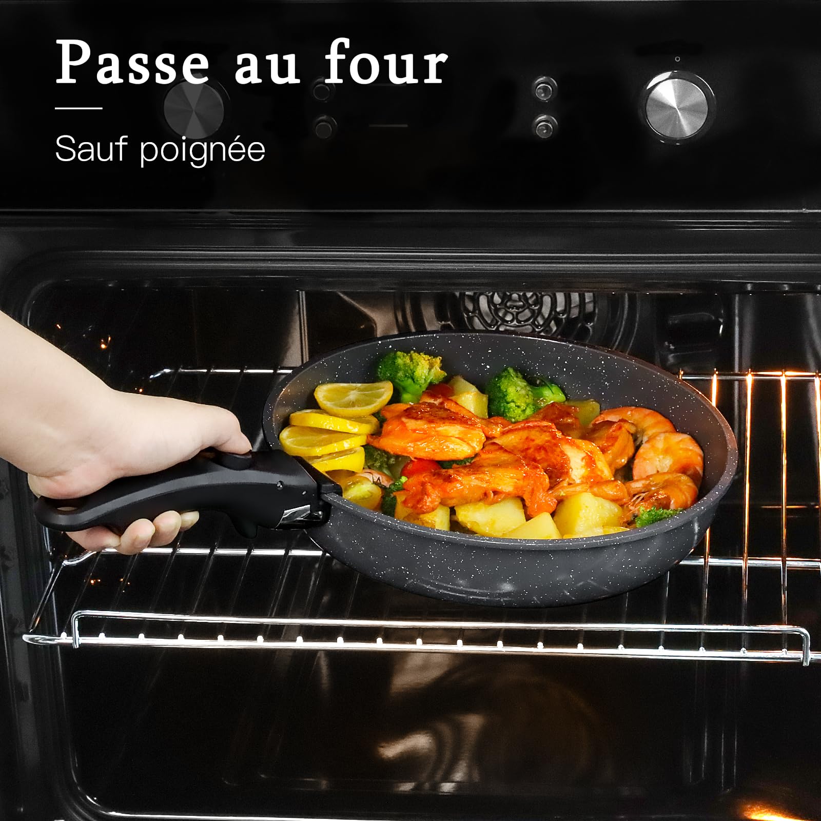 GiPP Poêles et Casseroles Antiadhésives Granit 21PCS Amovible Tous Feux Noir