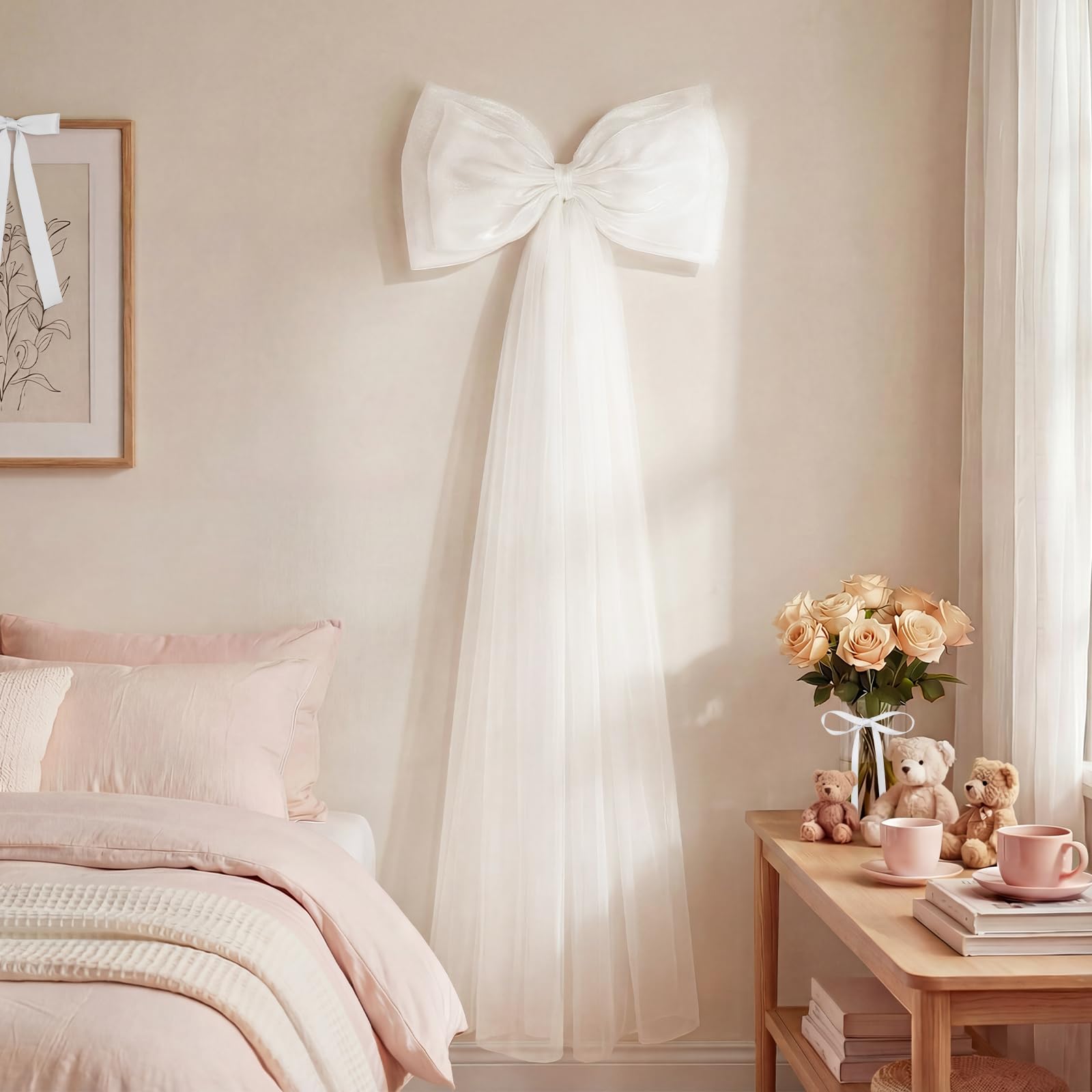 View 1 of 13Pcs Large White Pearl Silk Satin & Tulle Bow Coquette Decor,17x55 Inch Giant Bow with 12 Small Satin Bows, DIY Photo Backdrop Wall Hanging Decor for Wedding Bridal Baby Shower Birthday Girls Room