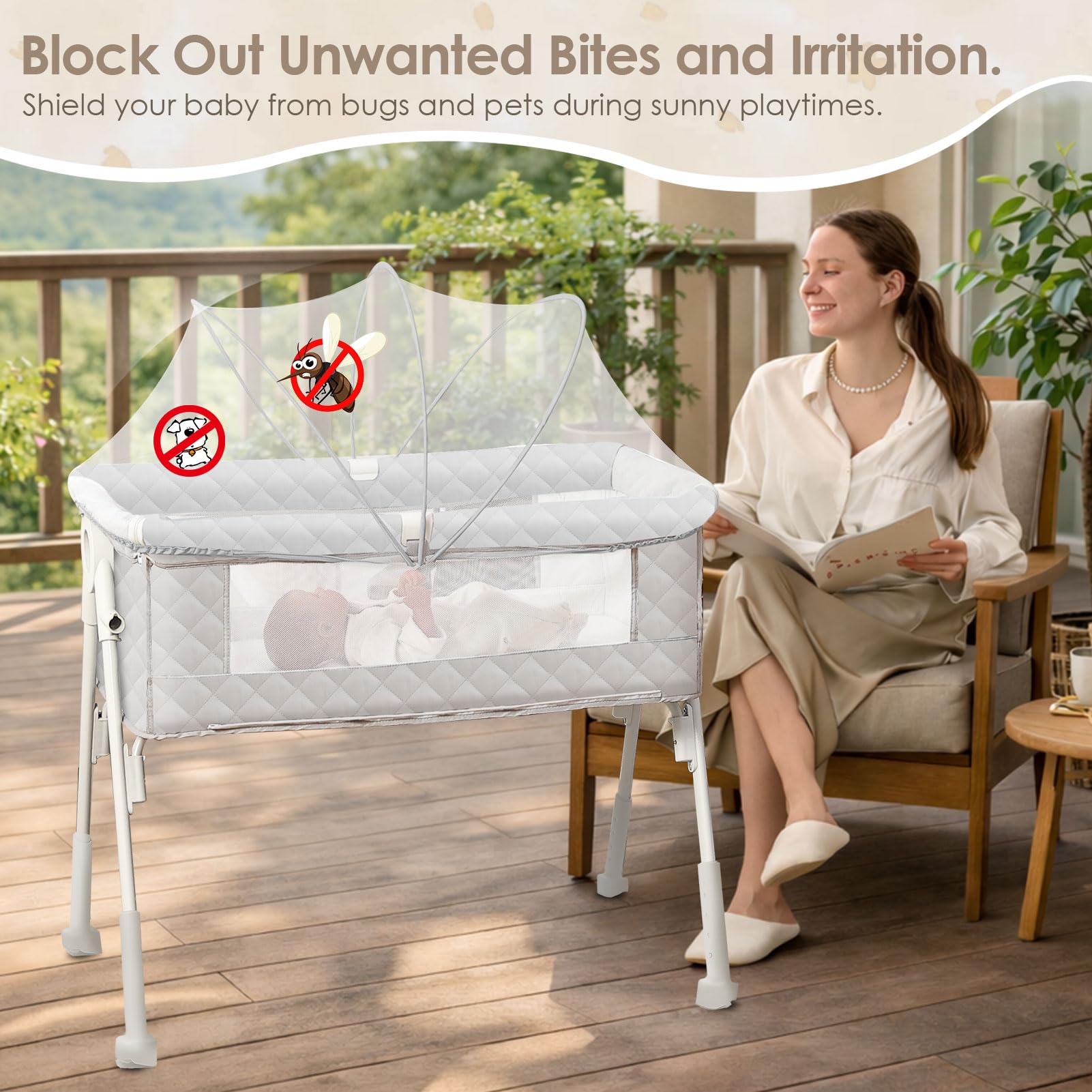 Beistellbett Baby, 3-in-1 Beistellbett, Babybett für Neugeborene mit atmungsaktivem Netz, höhenverstellbar & neigbar, inkl. Matratze, für Zuhause & unterwegs, Hellgrau | 4 Auto-Lock Räder