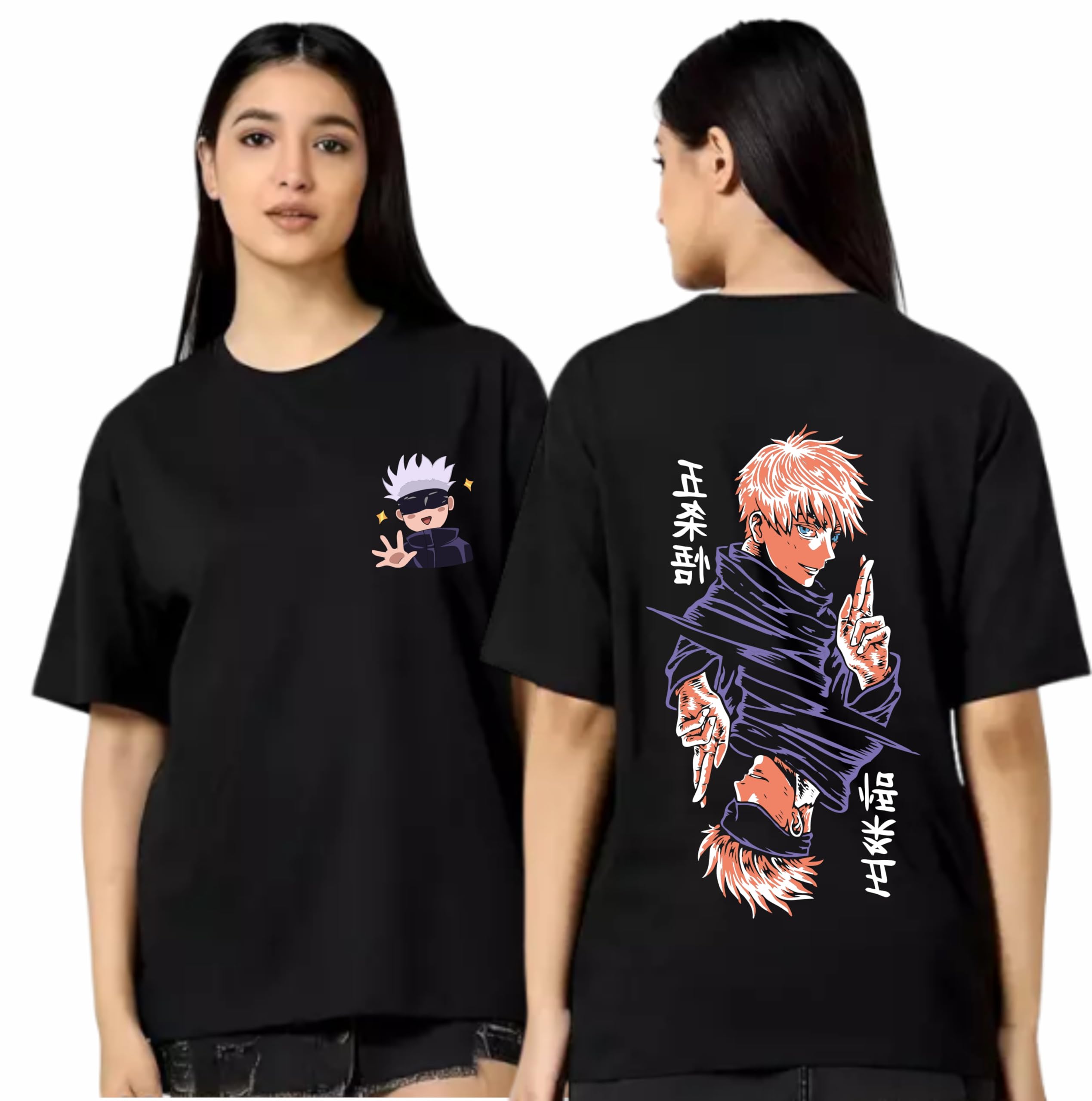 Uniplanet StoreCotton 3/4 Sleeve Women Oversized Black T-Shirt, Juju Kaisen Girl Oversized Back Printed T Shirt