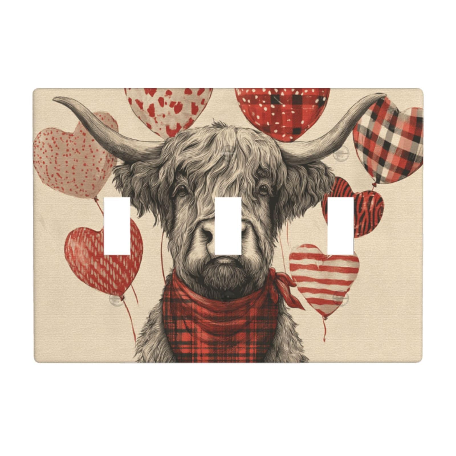Cute Highland Cow and Heart Balloons Light Switch Covers 3 Gang Triple Toggle Wall Plate Switchplate Electrical Faceplate for Bathroom Kitchen Bedroom Decor