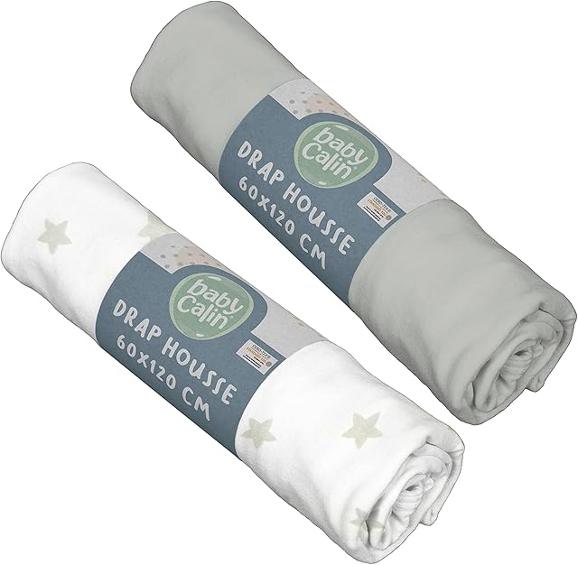 BabyCalin BBC413805 Spannbettuch, 60 cm x 120 cm, Grau und Sternendruck, zestaw 2, grau, 2 sztuki