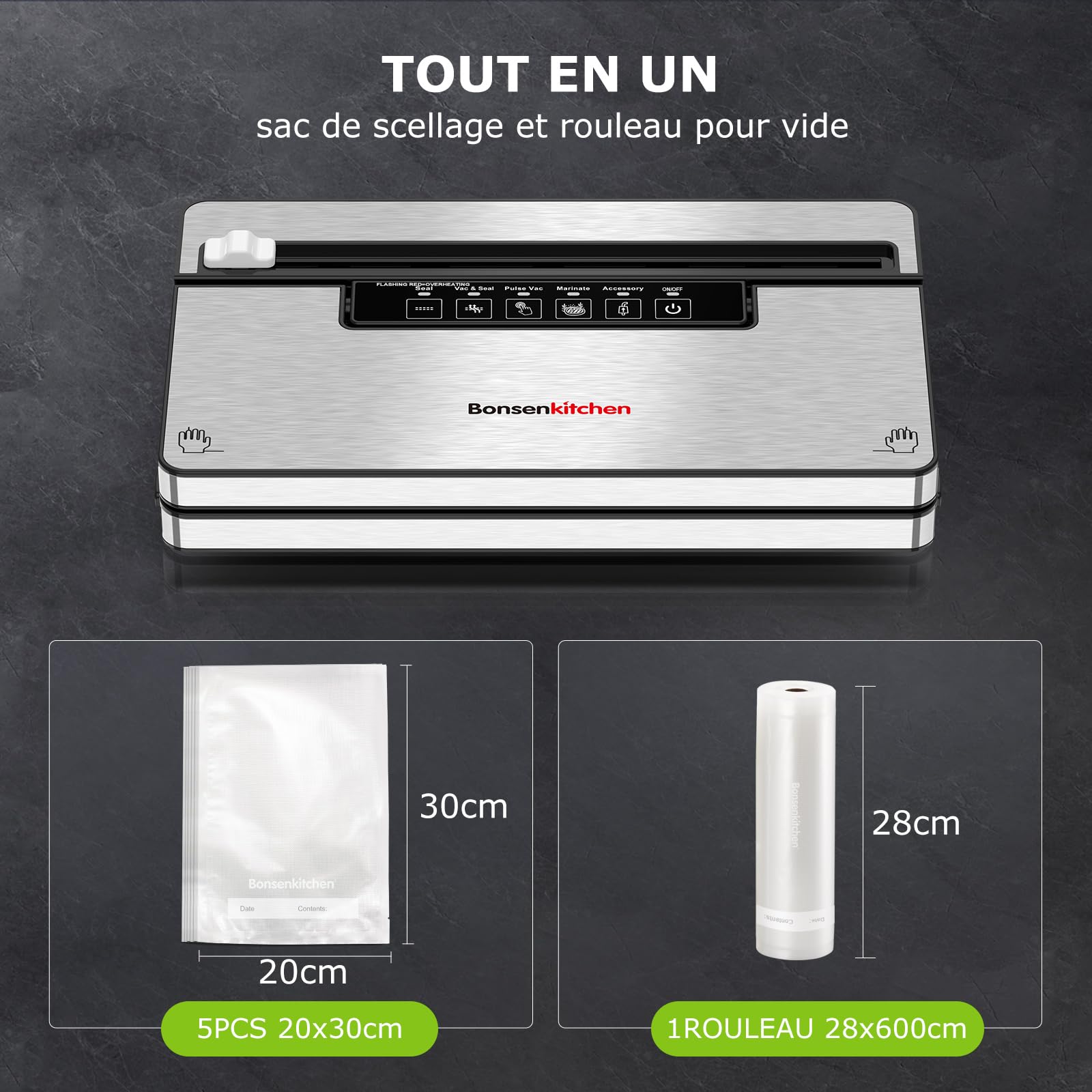 Bonsenkitchen Machine Sous Vide Alimentaire, Machine Sous Vide à 5 Modes-8 L/min, Technologie Globefish pour Un Travail en Continu à Grande Vitesse, Comprend 5 Sacs Sous Vide et 1 Sac en Rouleau