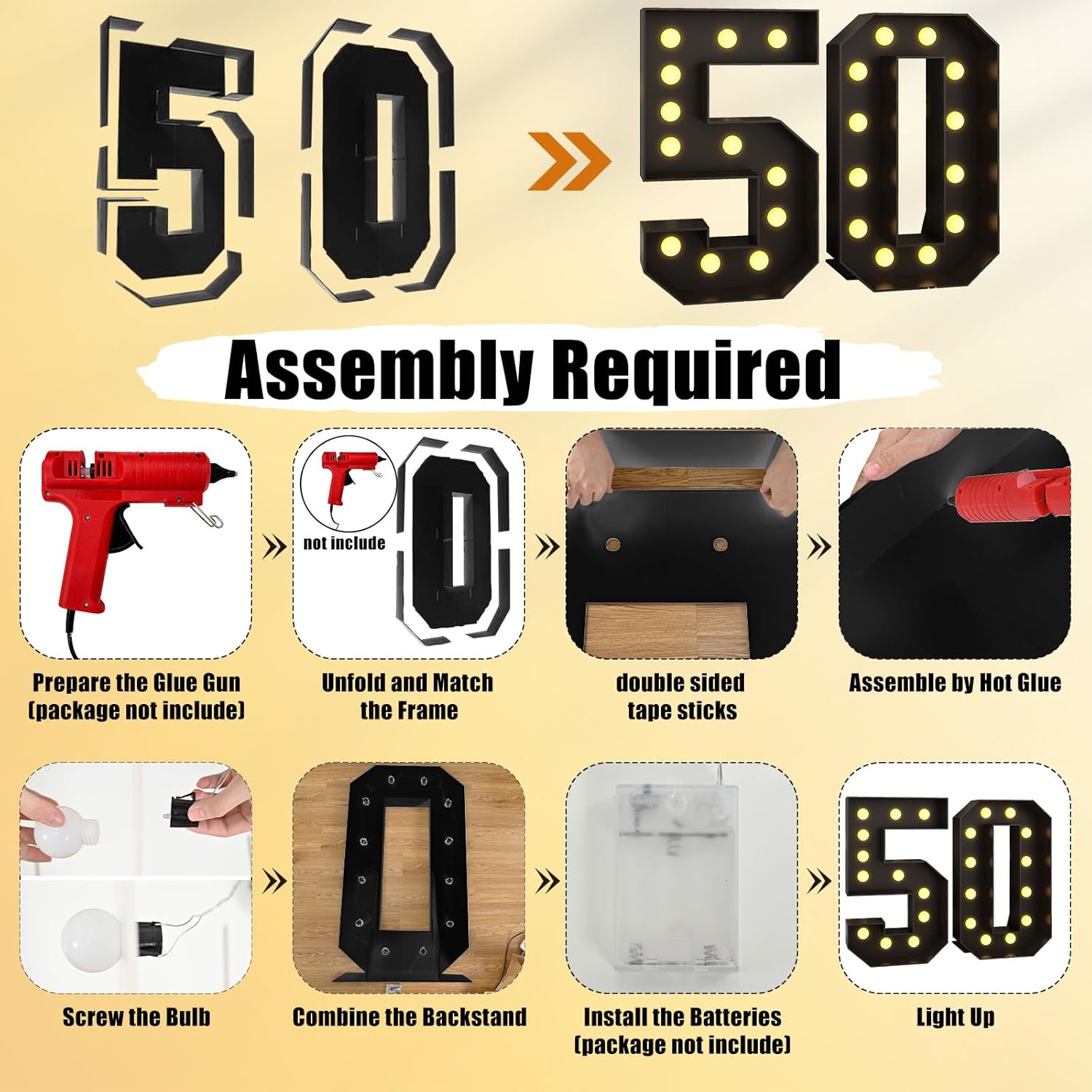 4FT Marquee Light up Numbers 50 Large Black Marquee Numbers 50th B'day Decor Mosaic Numbers Frame Giant Cardboard Numbers w/ Light Bulbs Pre-Cut Cut-Out Foam Board DIY Anniversary Decor