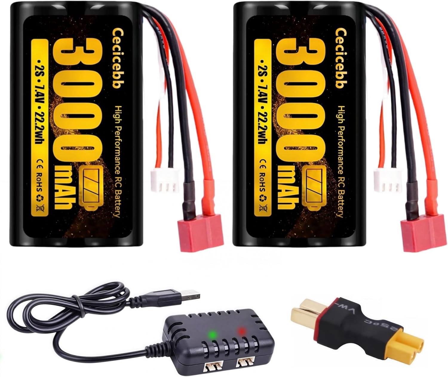 7.4V Li-ion Battery 3000mAh RC Battery with Dean-Style T Plug/XT30 Plug 2S Rechargeable High Capacity Fit for WLtoys 4WD Speed RC Cars Most 1/10, 1/12, 1/16 Scale RC Trucks