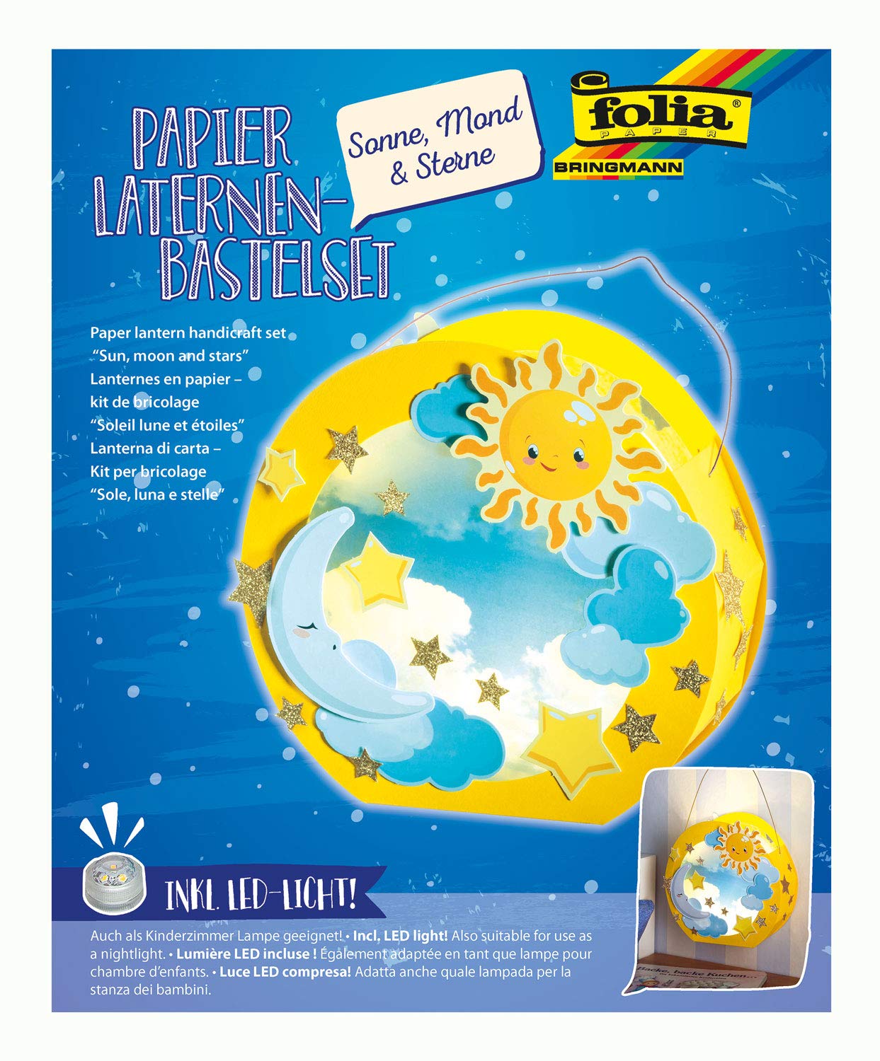 folia 68101 - Laternen - Bastelset, Sonne, Mond & Sterne, inklusive Laternenstab und LED-Licht