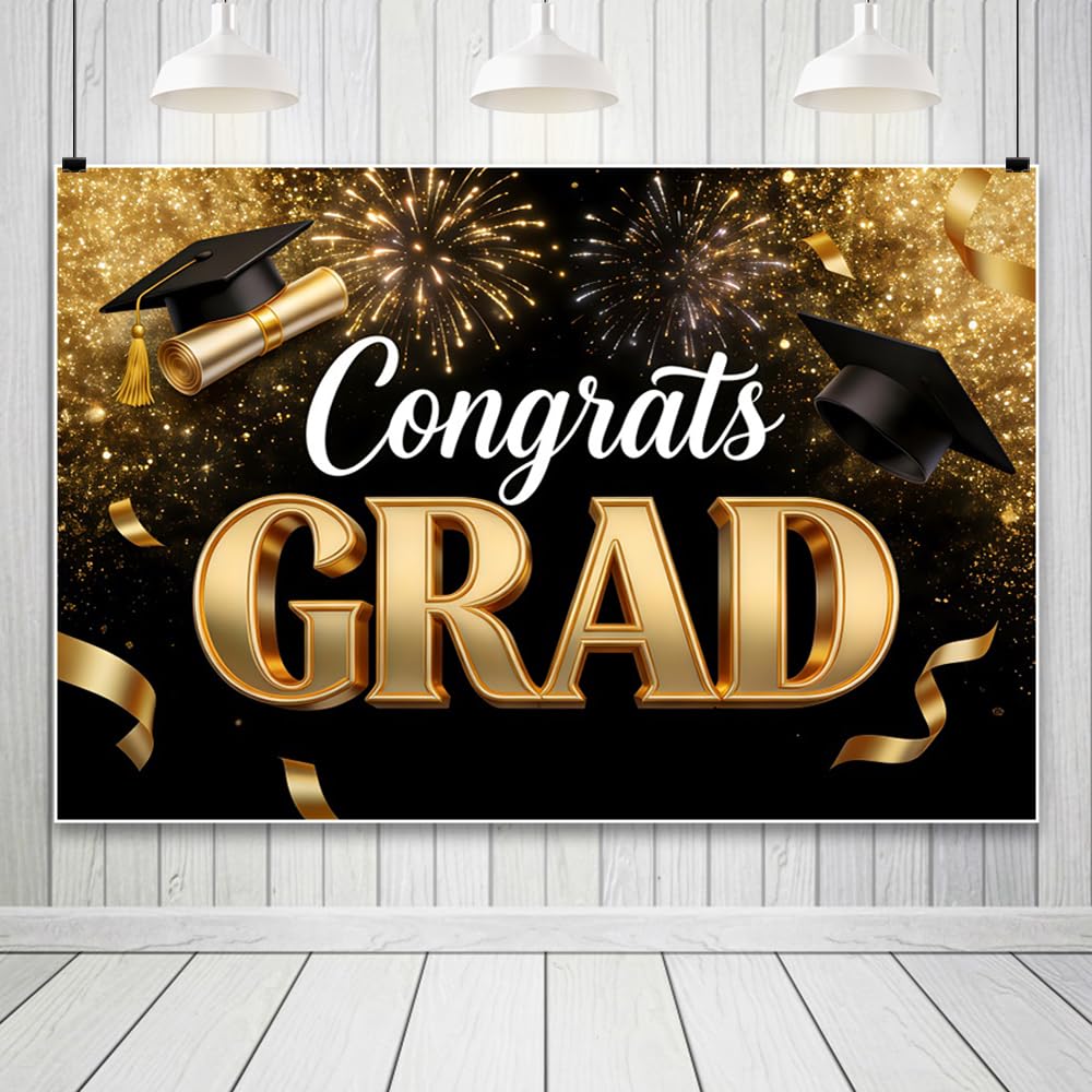 3.6x1.8m Graduation Background 2026 -Black & Gold Graduation Large Wall Poster Photo Background Graduation Cap Gold Fire Supplies for Graduation Party