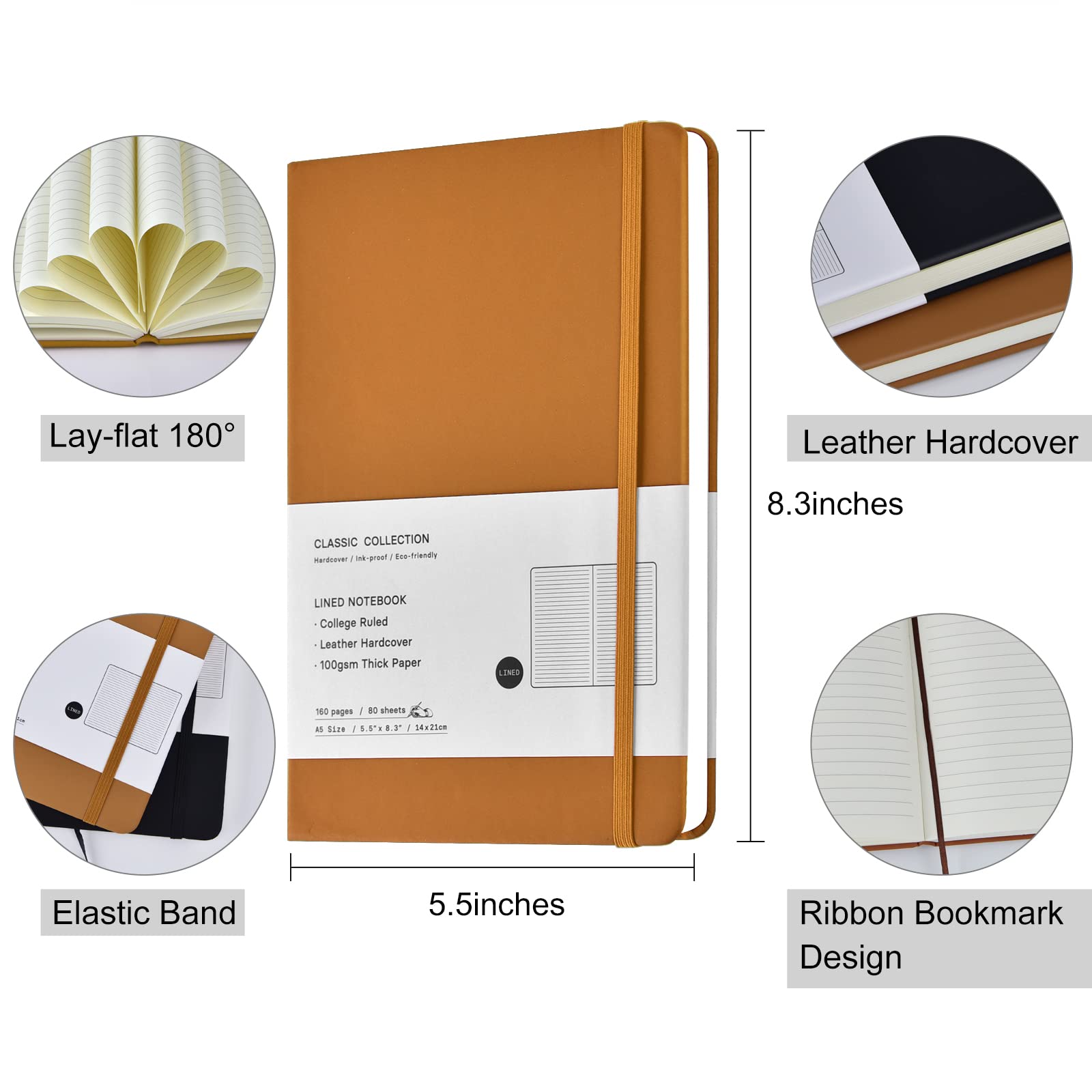 Coopay Notizbücher, A5, klassisch, liniert, Hardcover, Kunstleder, liniert, Tagebücher für Büro, Zuhause, Schule, Geschäft, 21,1 x 14 cm, 100 g/m² dickes Papier, 160 Seiten, Braun, 24 Stück