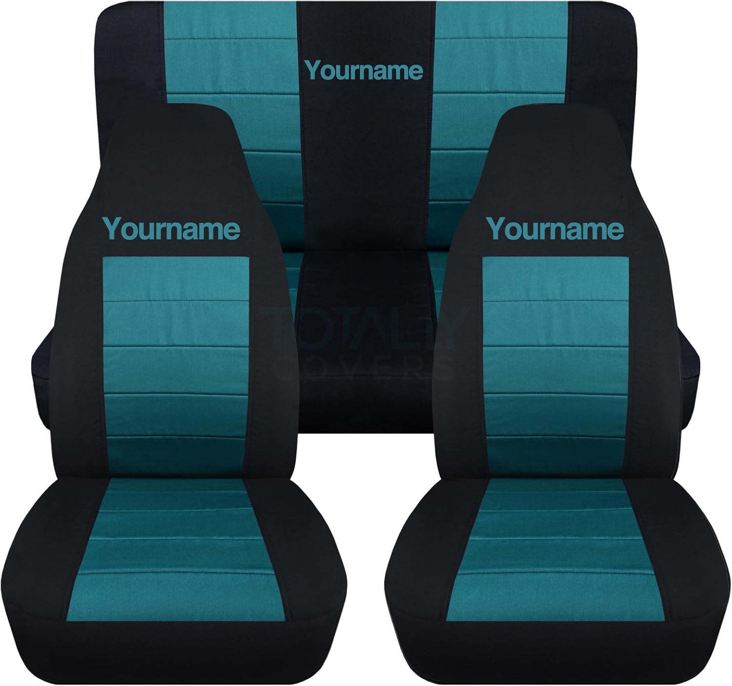 Totally Covers Compatible with 1997-2006 Jeep Wrangler TJ 2-Tone Seat Covers with Your Name/Text: Black & Teal - Full Set: Front & Rear (22 Colors) Complete Back Bench
