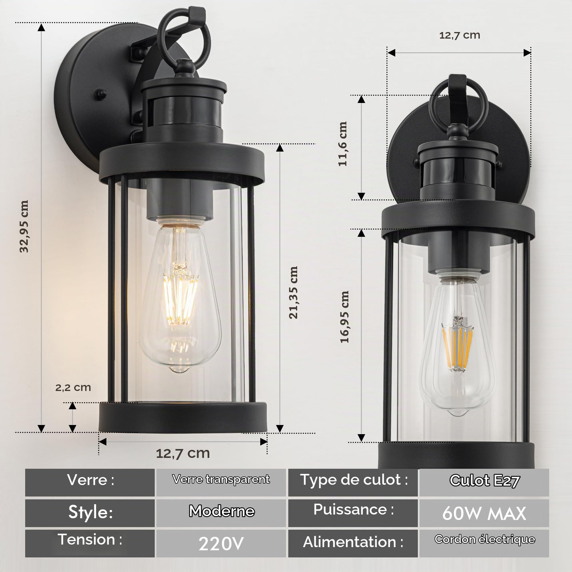 FTL Vintage Applique Murale Exterieur avec Détecteur de Mouvement, Noir Lampe Murale Industrielle, E27 Porche Luminaire Exterieur Lanterne avec Capteur de Mouvement IP44 pour Jardin Entrée Patio Yard