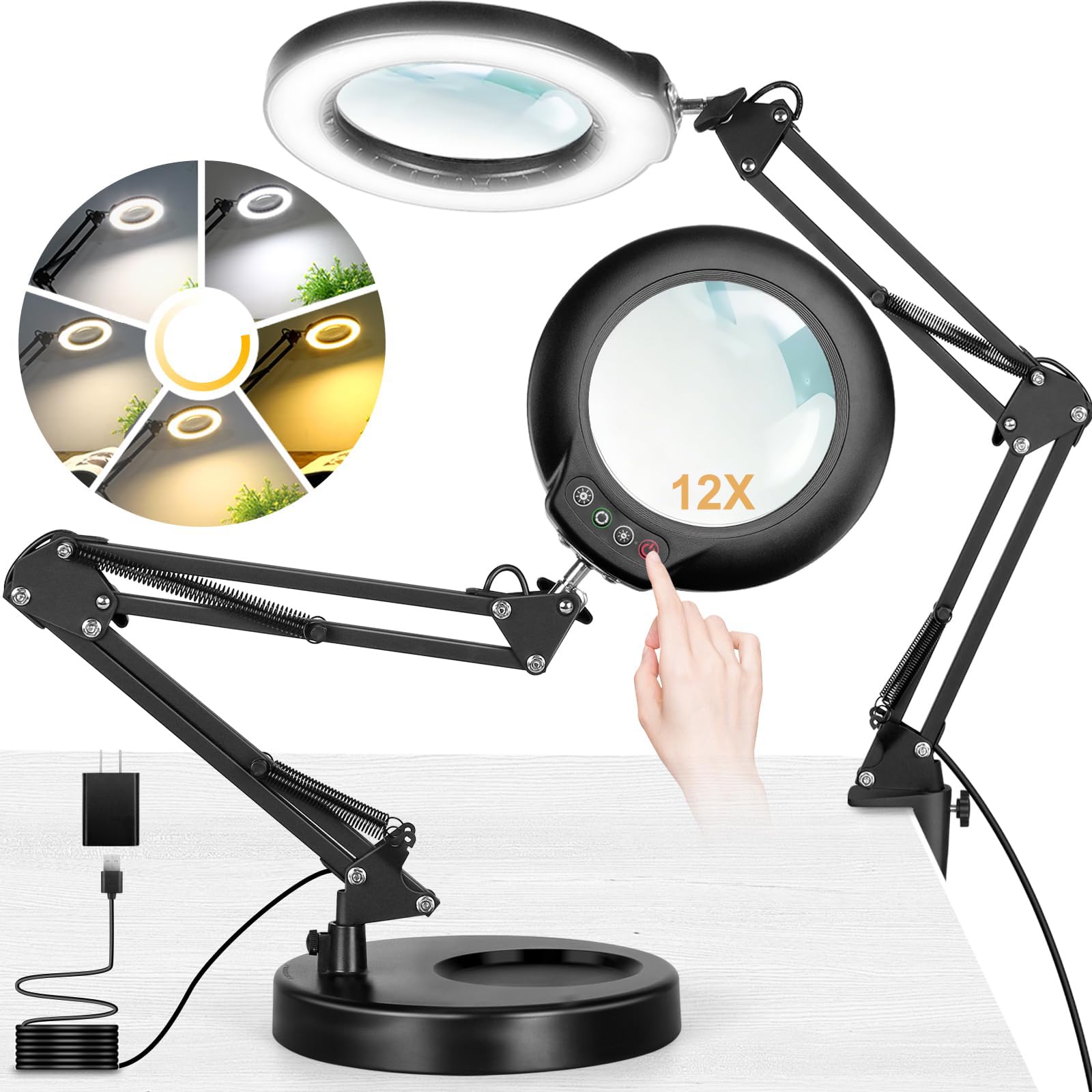 IVMAIE 10-fache Lupe mit Licht und Ständer, 2-in-1 beleuchtete Lupe mit Klemme, 5 Farbmodi, dimmbare LED-Schreibtischlampe, freihändig zum Malen, Basteln, Schmuck, Nähen, Hobby-Modell, enge Arbeit