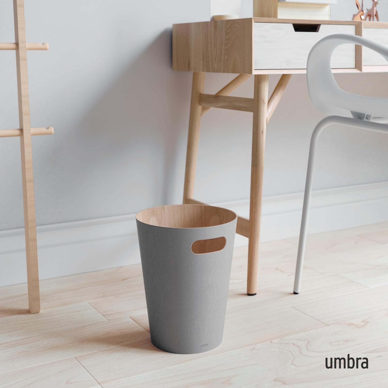 Umbra Woodrow 2-Gallon Modern Wooden Trash Can Wastebasket, Attractive Bin for Garbage or Recycling, Suitable for Home or Office, Grey/Natural