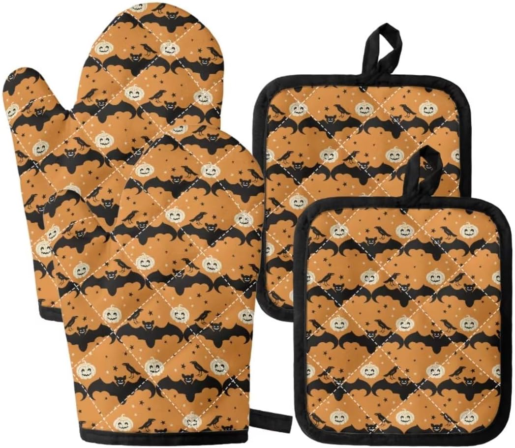 Horeset Fall Maple Leaf Durable Oven Mitts Set,4 PCS Resistant Hot Kitchen Microwave Gloves with Multi Purpose Safe Mats