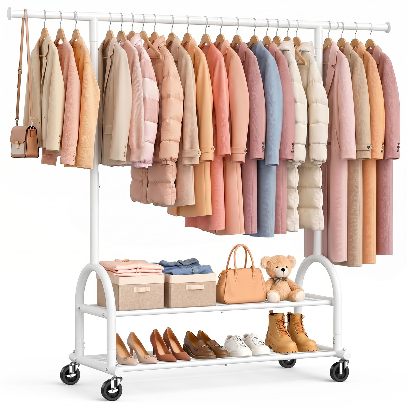EAGMAK Heavy Duty Clothes Rack, 556 LBS Clothing Rack with Sturdy Wheels and Shelves, White
