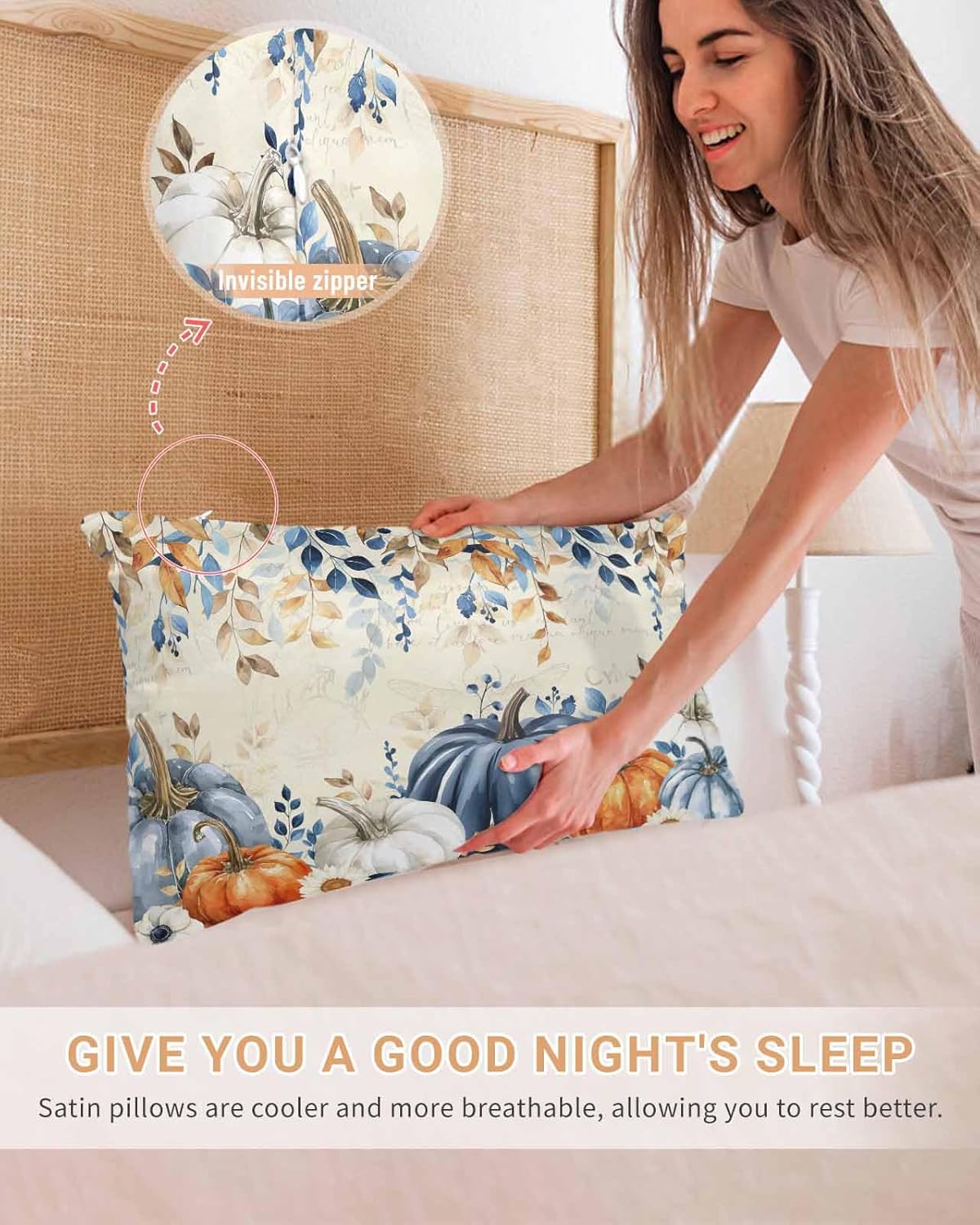 Fall Blue Pumpkins Pillow Cases Standard Size Set of 2, Thanksgiving Smooth Satin Pillowcase for Hair and Skin, Maple Leaf Orange Retro Decorative Cooling Bed Pillow Covers, 20x26 Inches